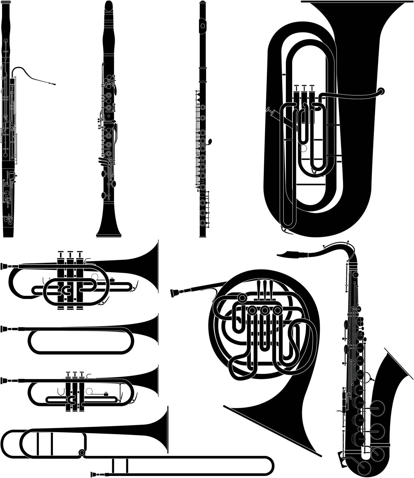 Layered vector illustration of collected Wind Instruments.