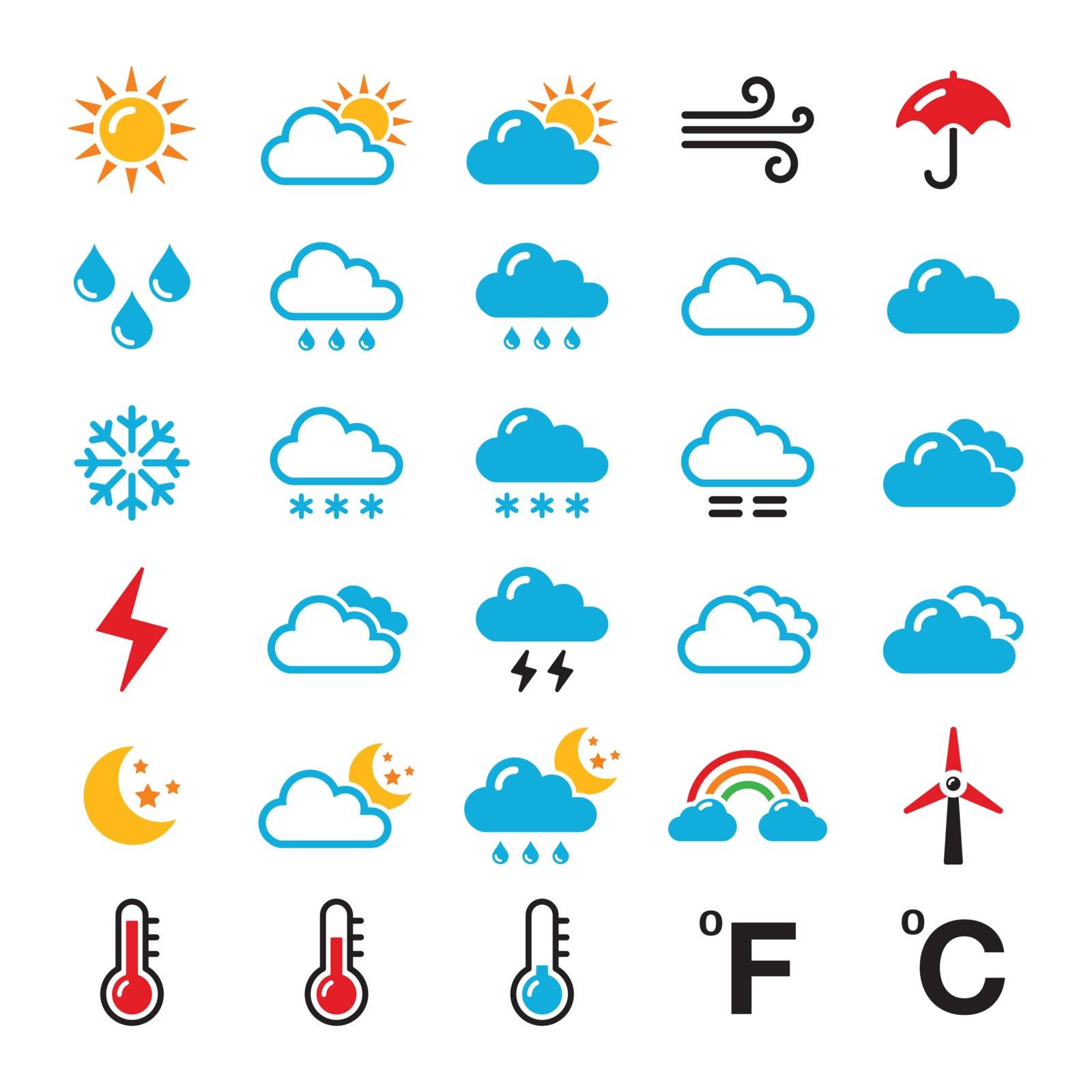 Weather conditions, seasons and temperature symbols isolated on white