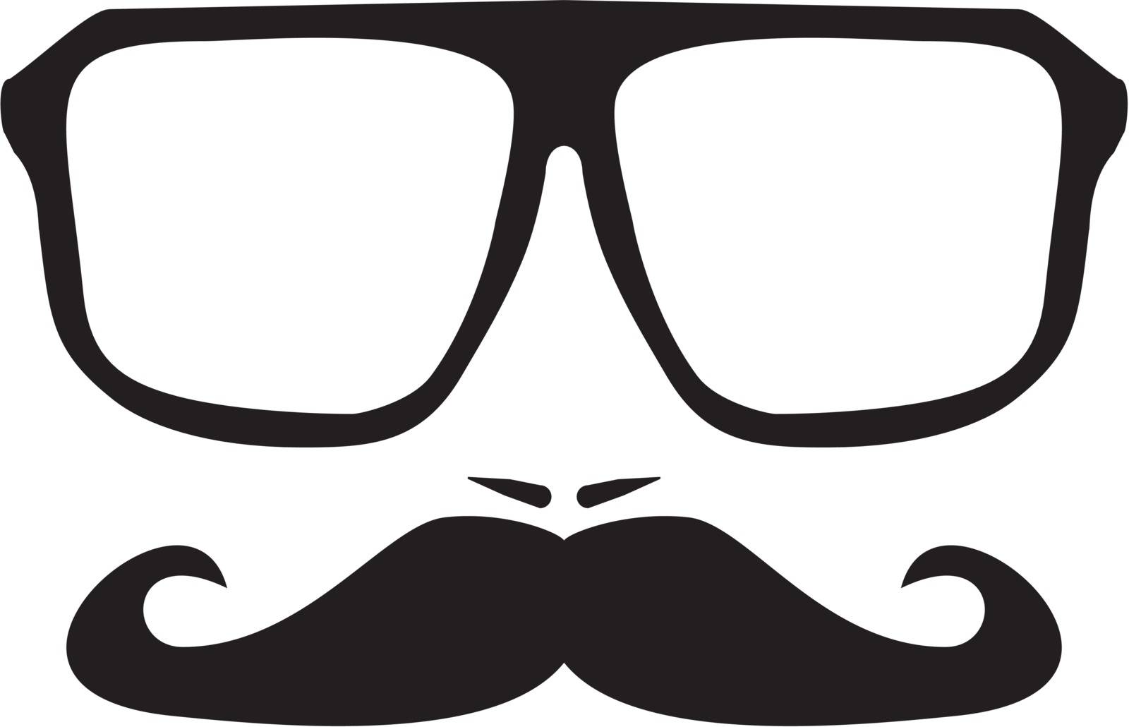 Vector men face with mustache and huge, hipster glasses. Black silhouette isolated on white background.