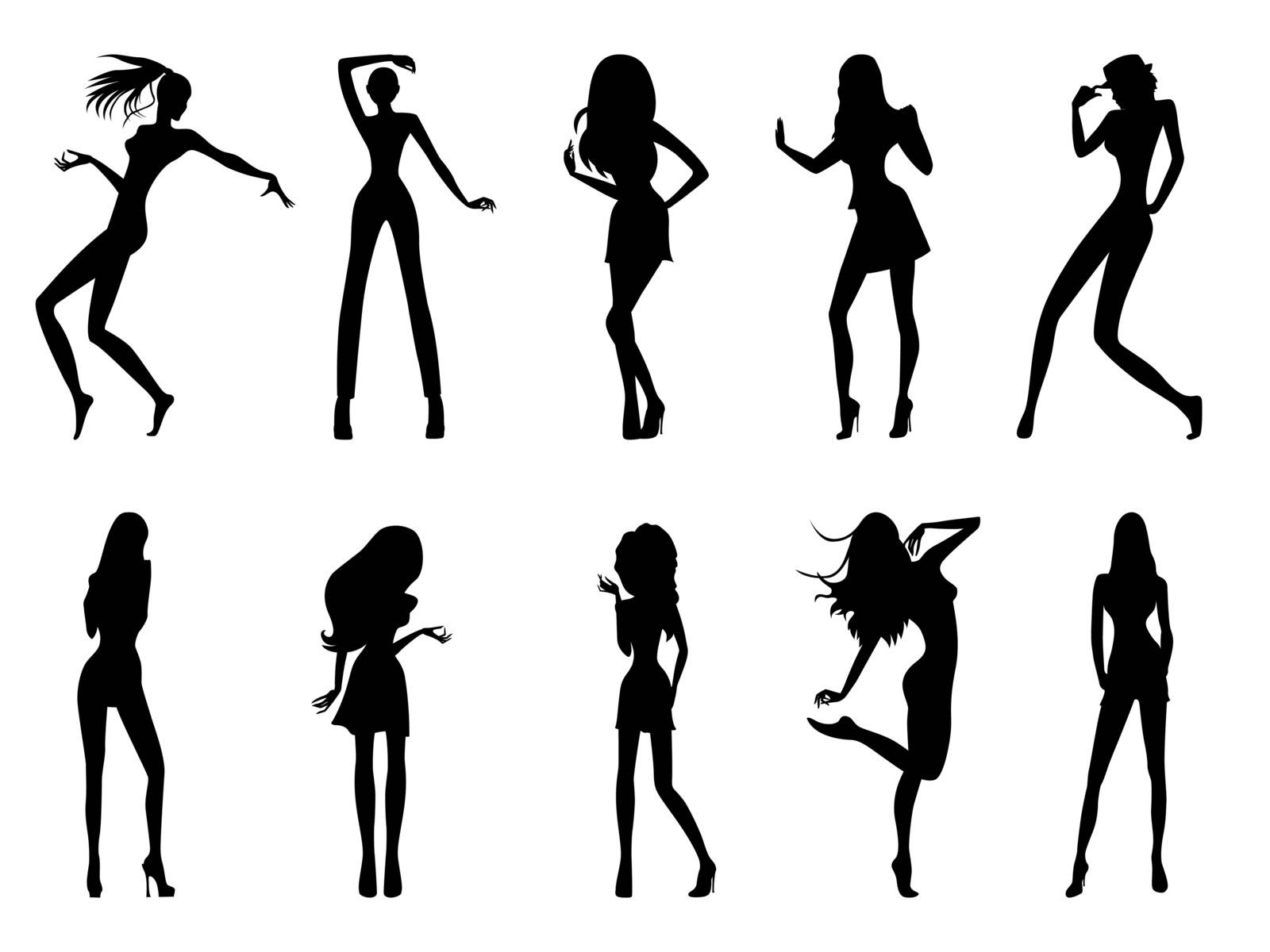 Set of eight black silhouettes of fashion posing models isolated on white background, hand drawing vector illustration