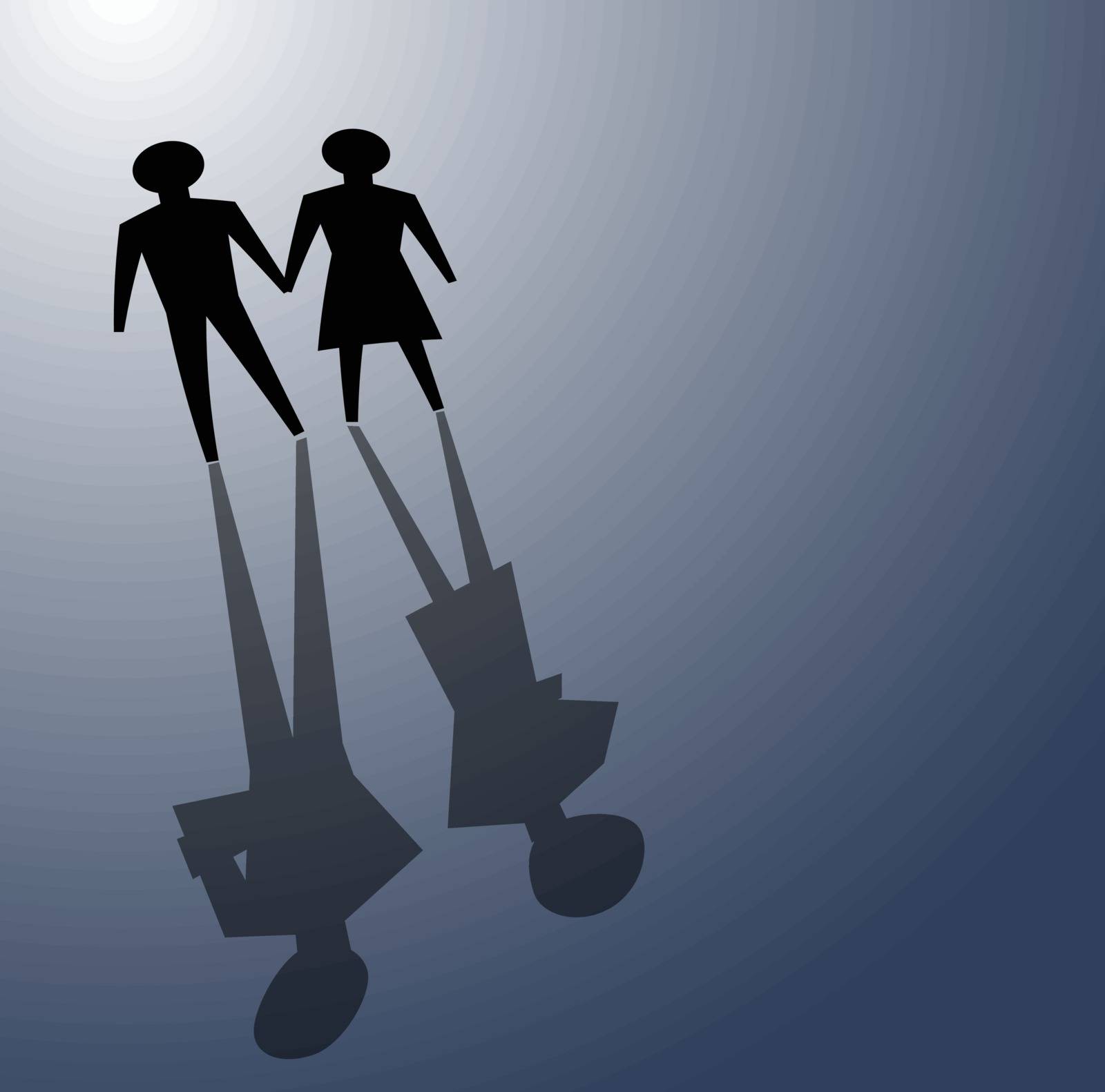 illustrations of broken relationship, couple shadow was ignoring each other.