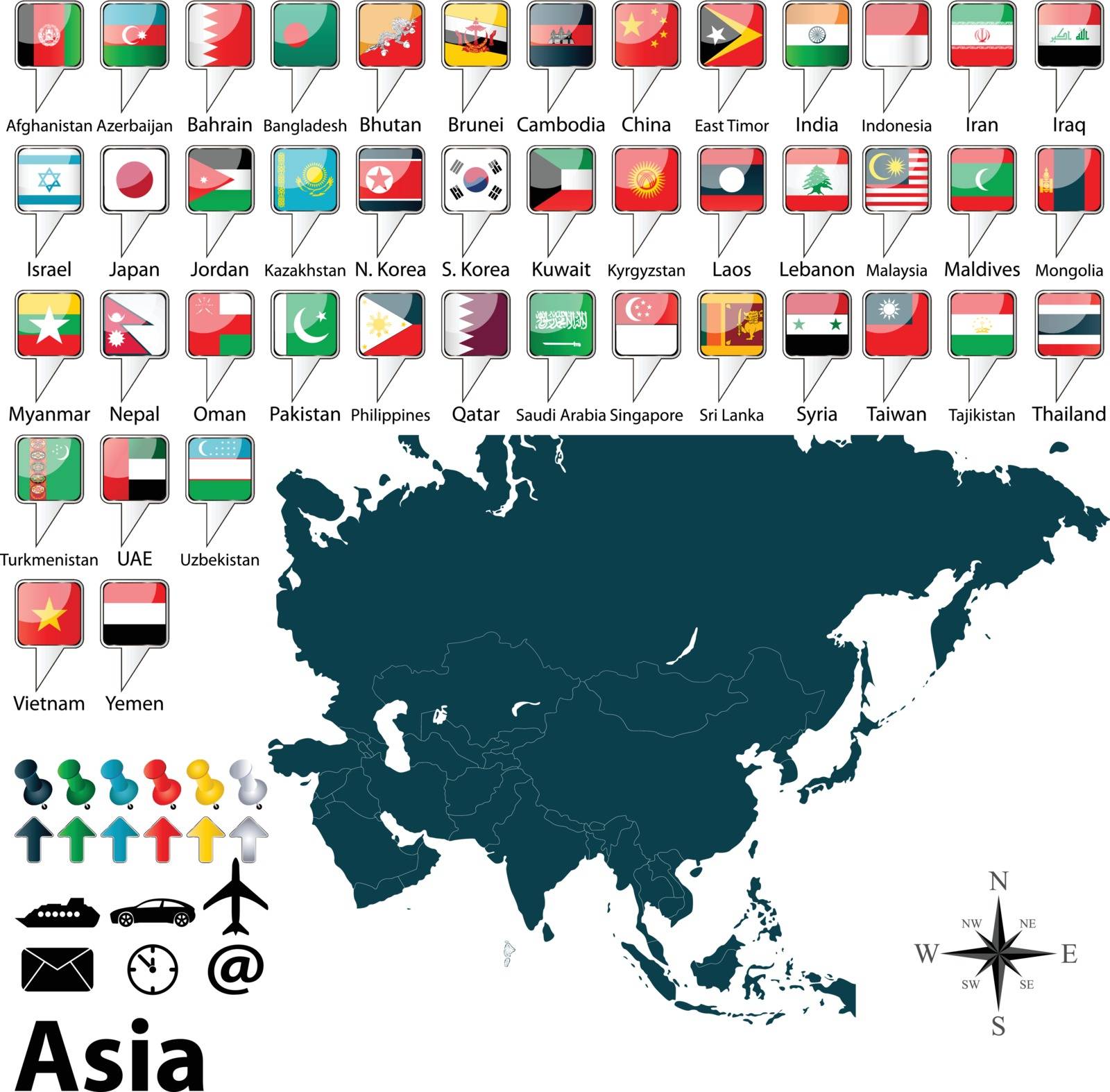 Vector of political map of Asia set with buttons flags on white background