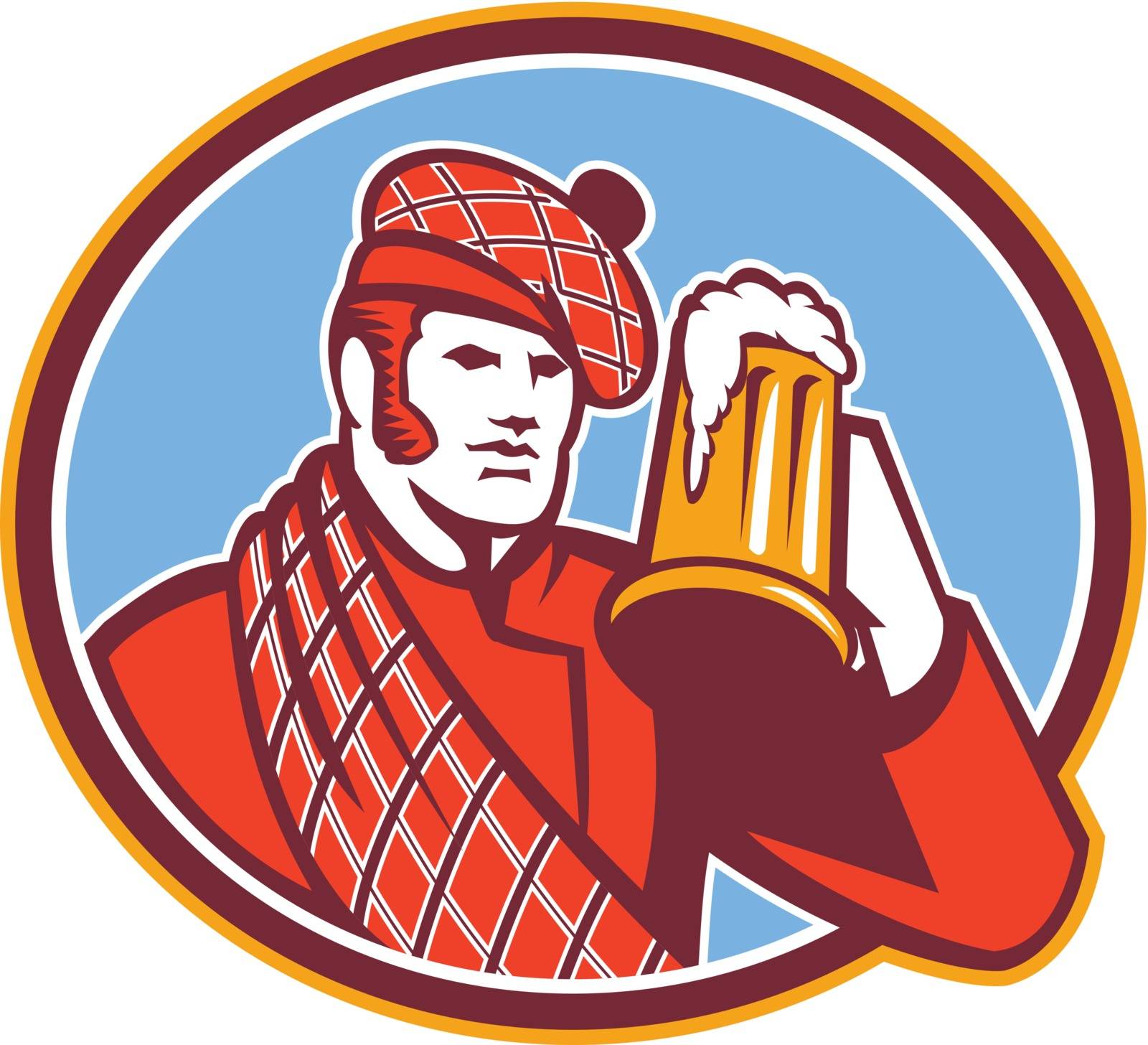Illustration of a Scotsman Scottish beer drinker raising beer mug drinking looking up wearing tartan and beret hat set inside oval done in retro style.
