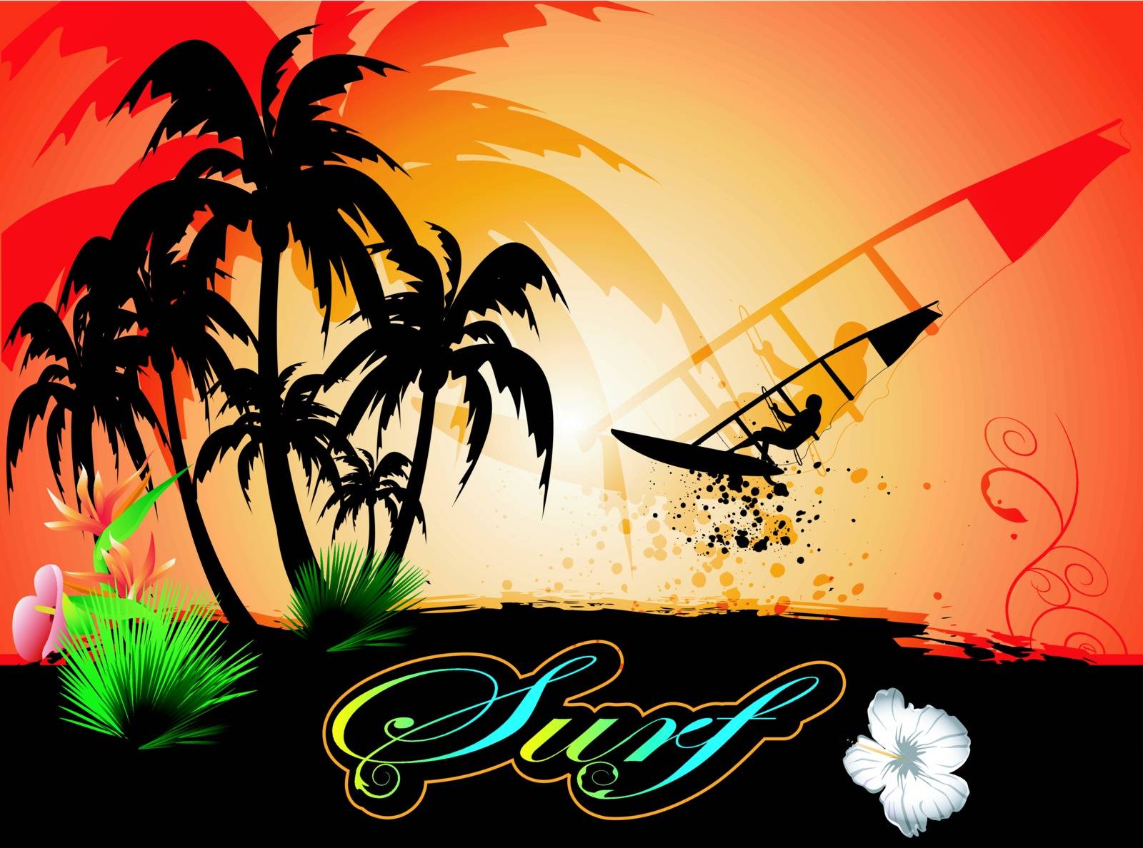 surf background with surfers and palm trees