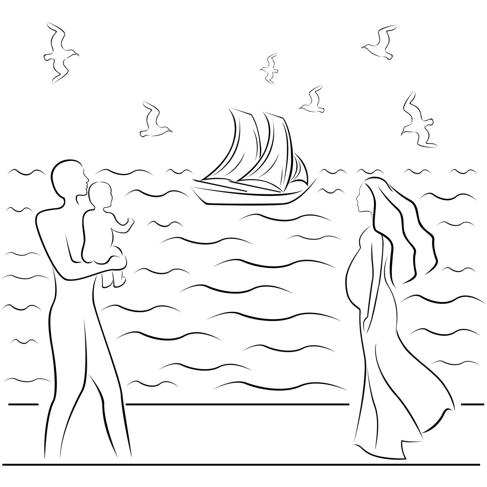 Man holding a baby and a pregnant woman on a sea coast, hand drawing black and white vector illustration
