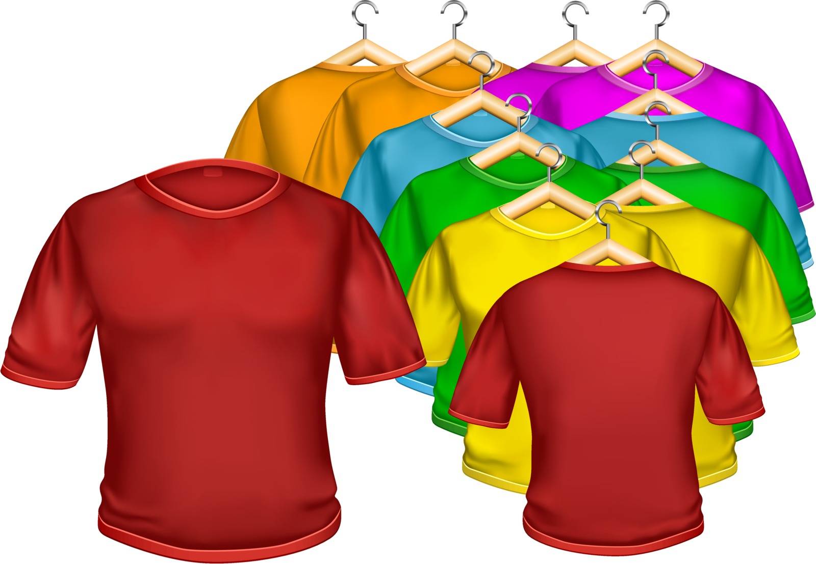 The multicolored t-shirt isolated on the white background, for your creativity: drawings, logos, text, etc.