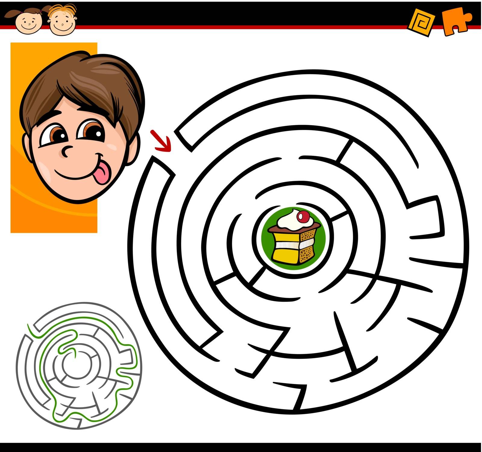 Cartoon Illustration of Education Maze or Labyrinth Game for Preschool Children with Cute Boy and Tasty Cake