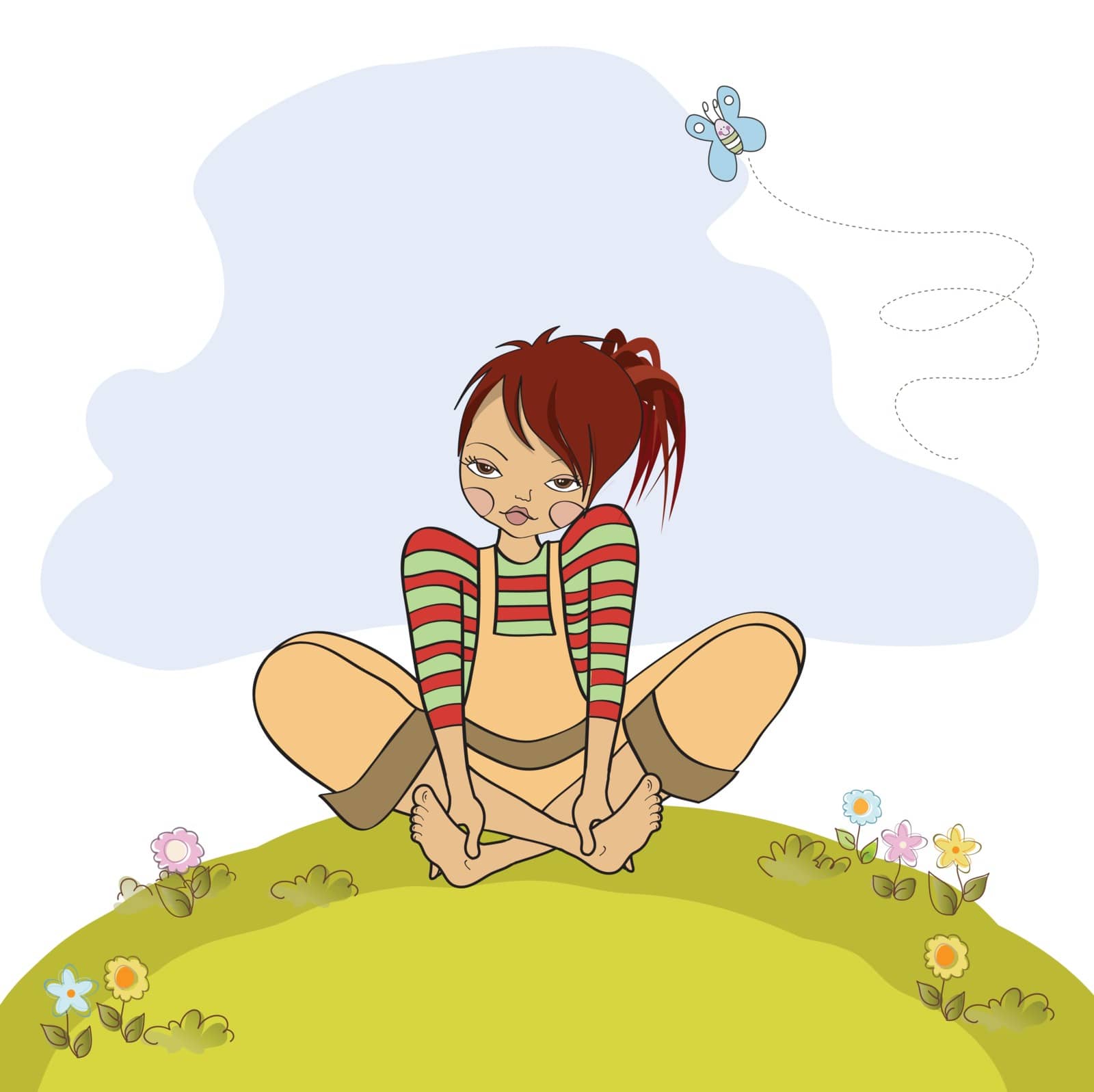romantic girl sitting barefoot in the grass, vector illustration