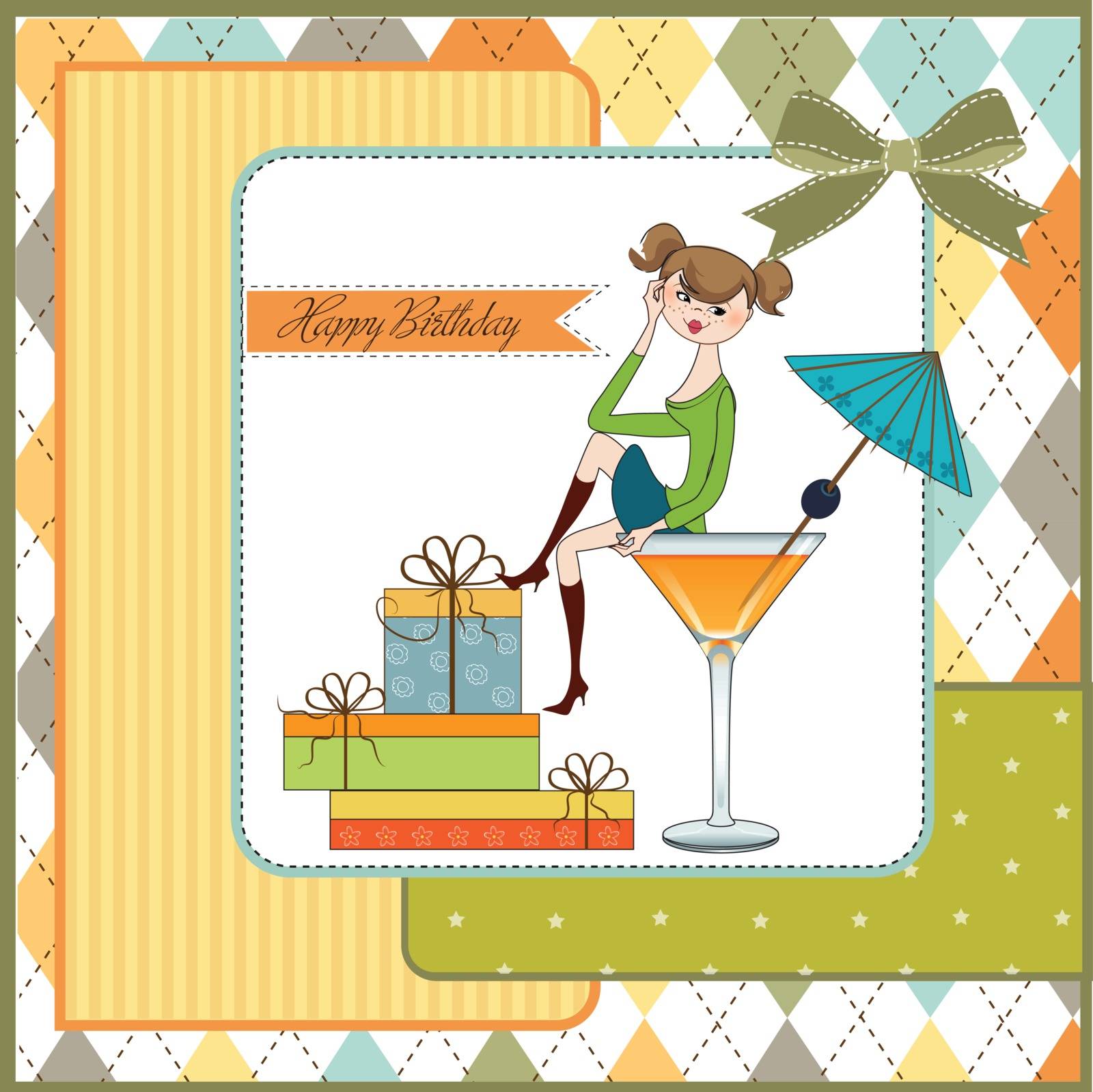 Attractive young girl sitting on the edge of a glass. Glamorous birthday card