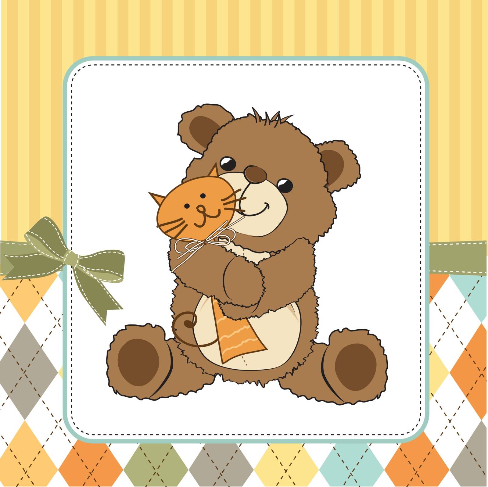 childish greeting card with teddy bear and his toy by balasoiu