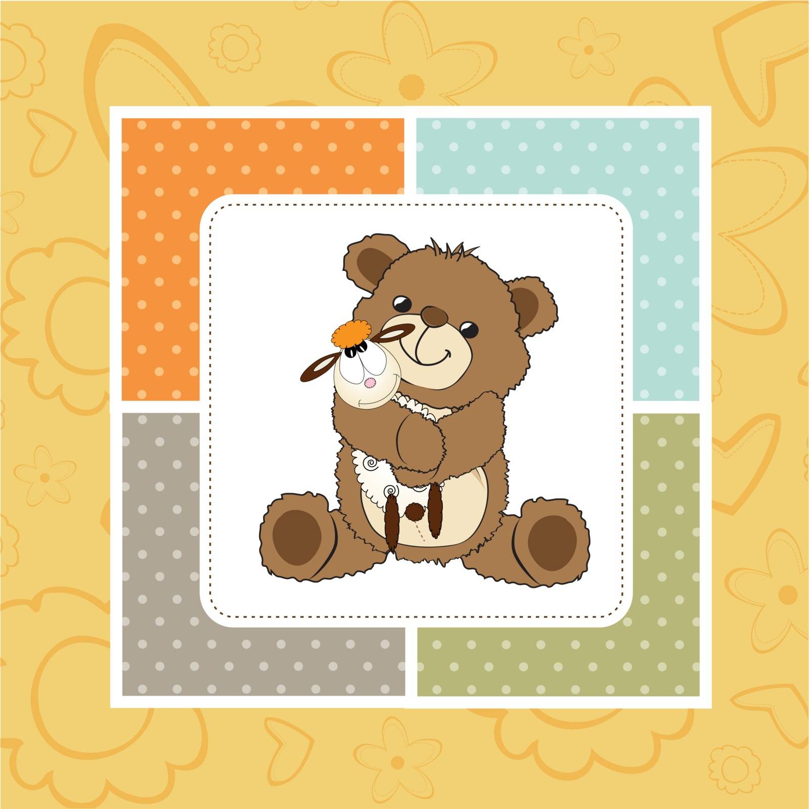 childish greeting card with teddy bear and his toy by balasoiu