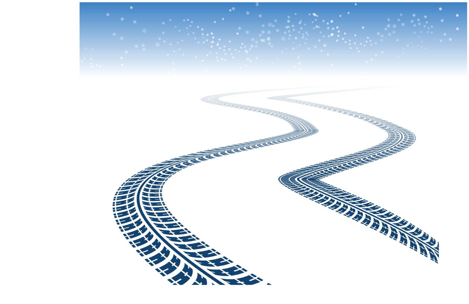 Winter tire tracks in perspective view with snowflakes