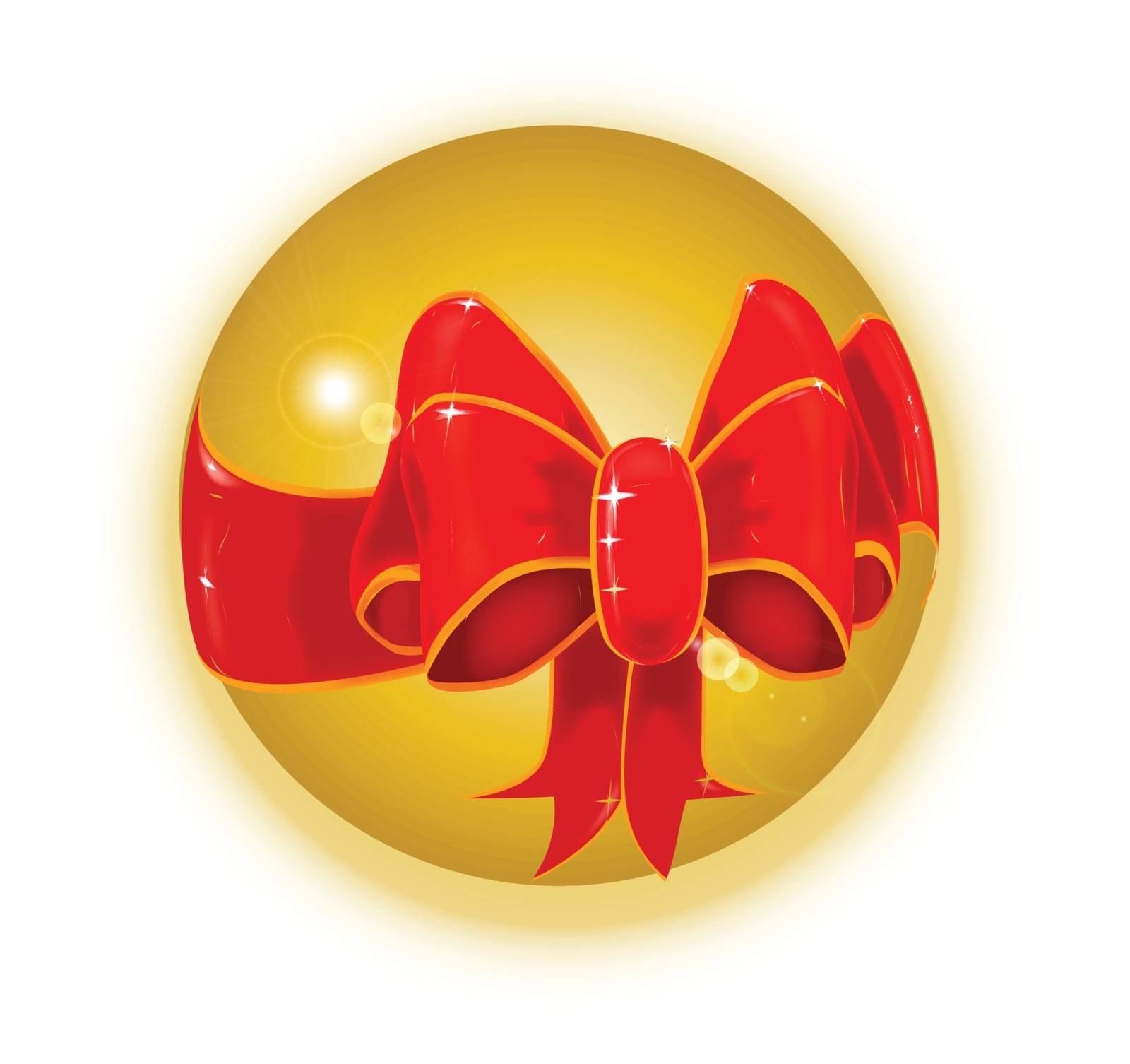 A silk bow around a golden Christmas tree ball.