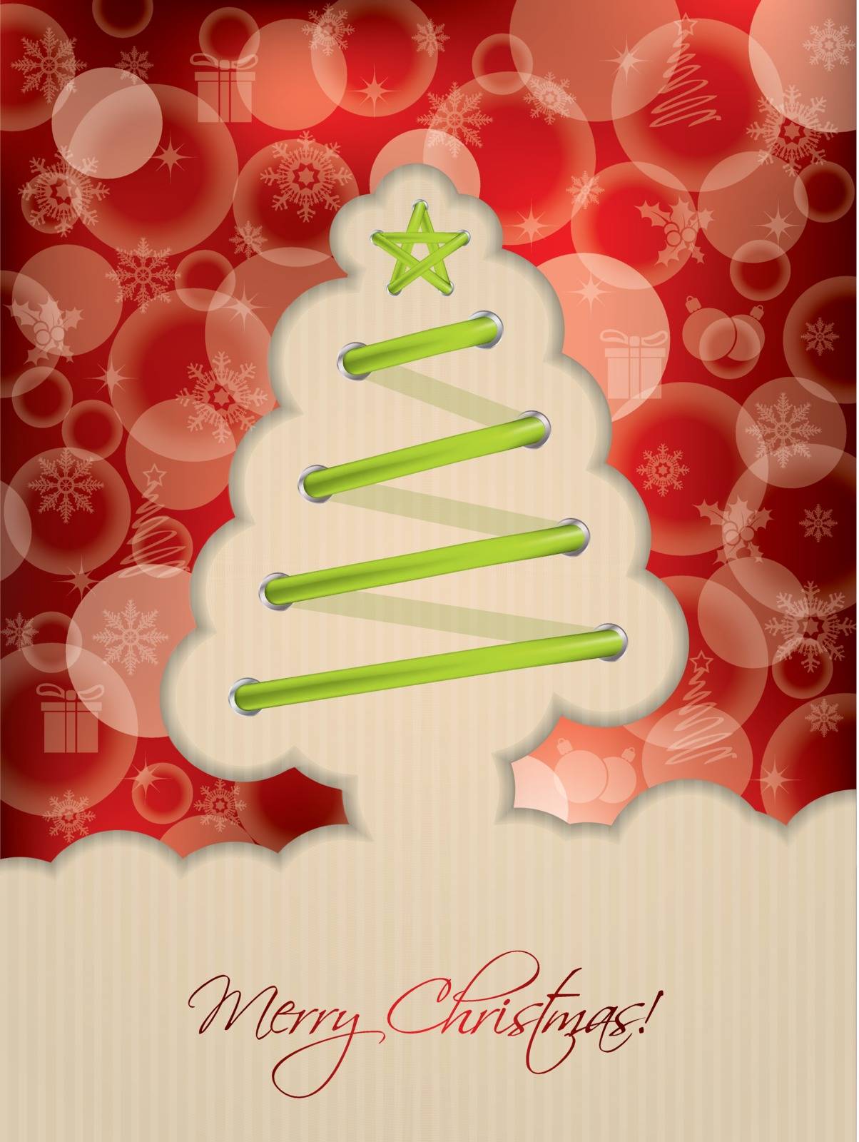 Red christmas greeting card with green tree shaped shoelace