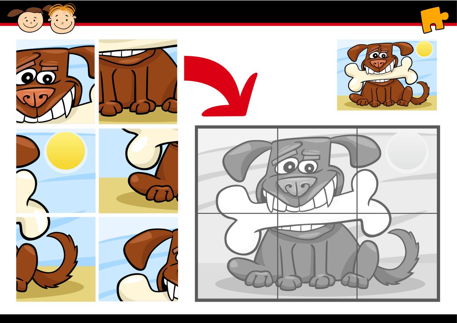 Cartoon Illustration of Education Jigsaw Puzzle Game for Preschool Children with Funny Dog and Bone