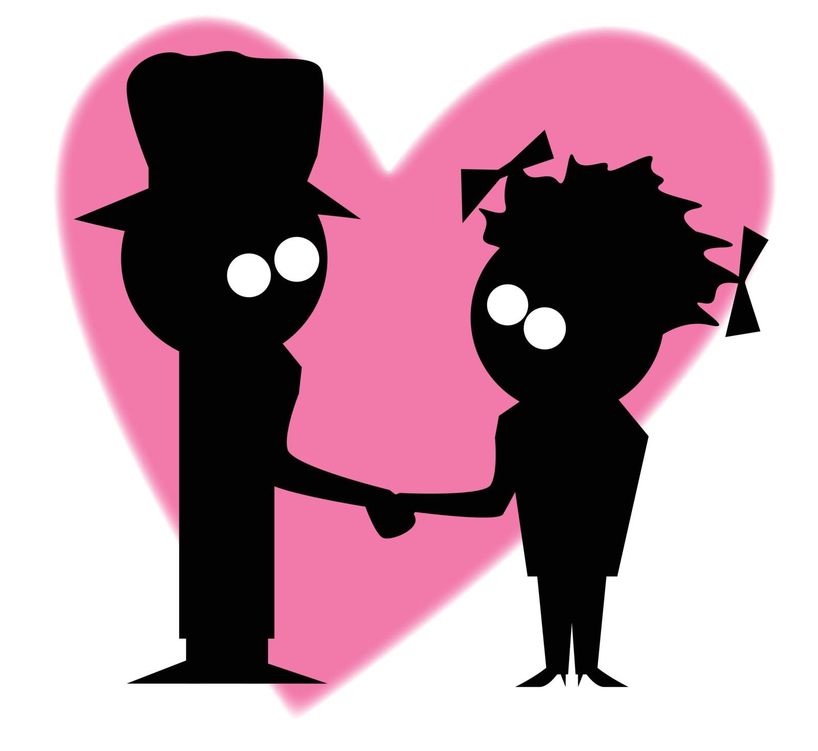 Silhouette of a cartoon character holding the hand of his girl friend