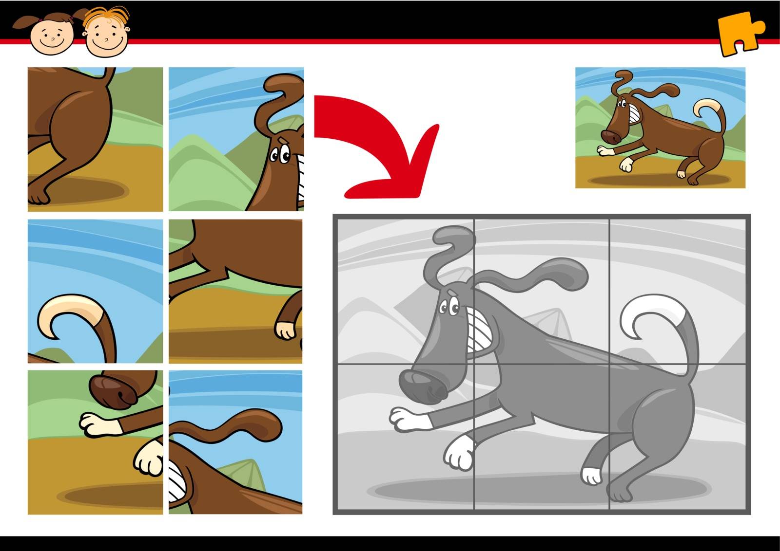 Cartoon Illustration of Education Jigsaw Puzzle Game for Preschool Children with Funny Dog