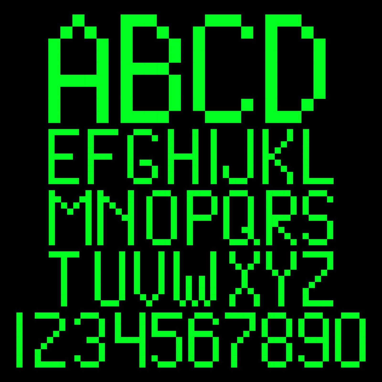 Pixel alphabet. Green computer letters