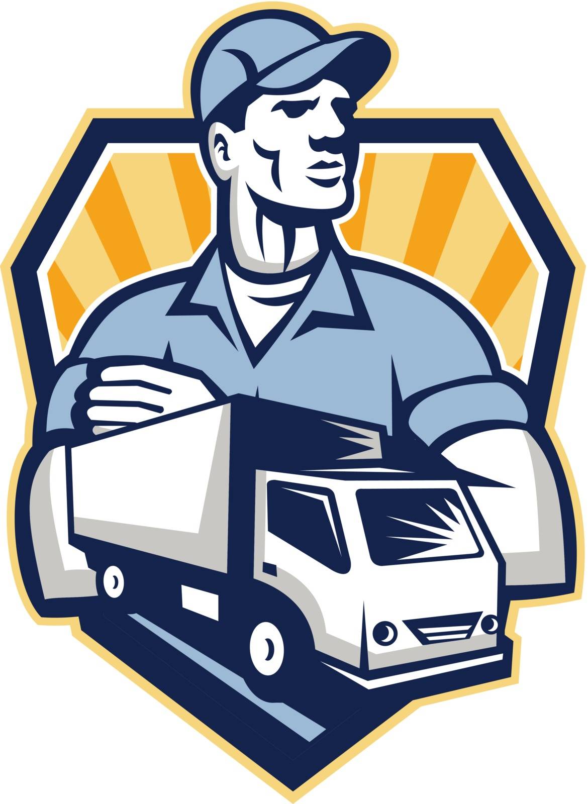 Illustration of a removal man delivery guy with moving truck van in the foreground set inside shield crest done in retro style.