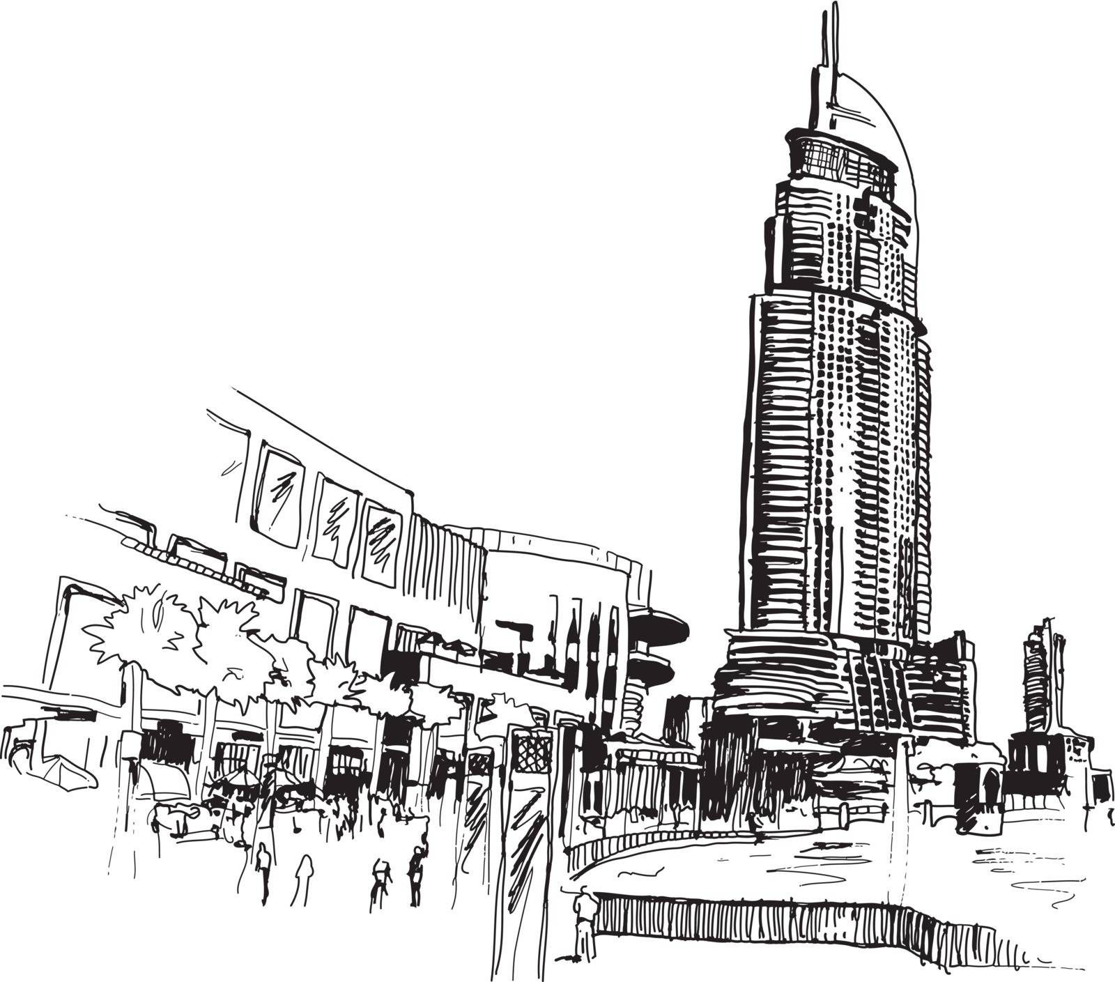 Urban view sketcy drawing vector illustration with modern buildings