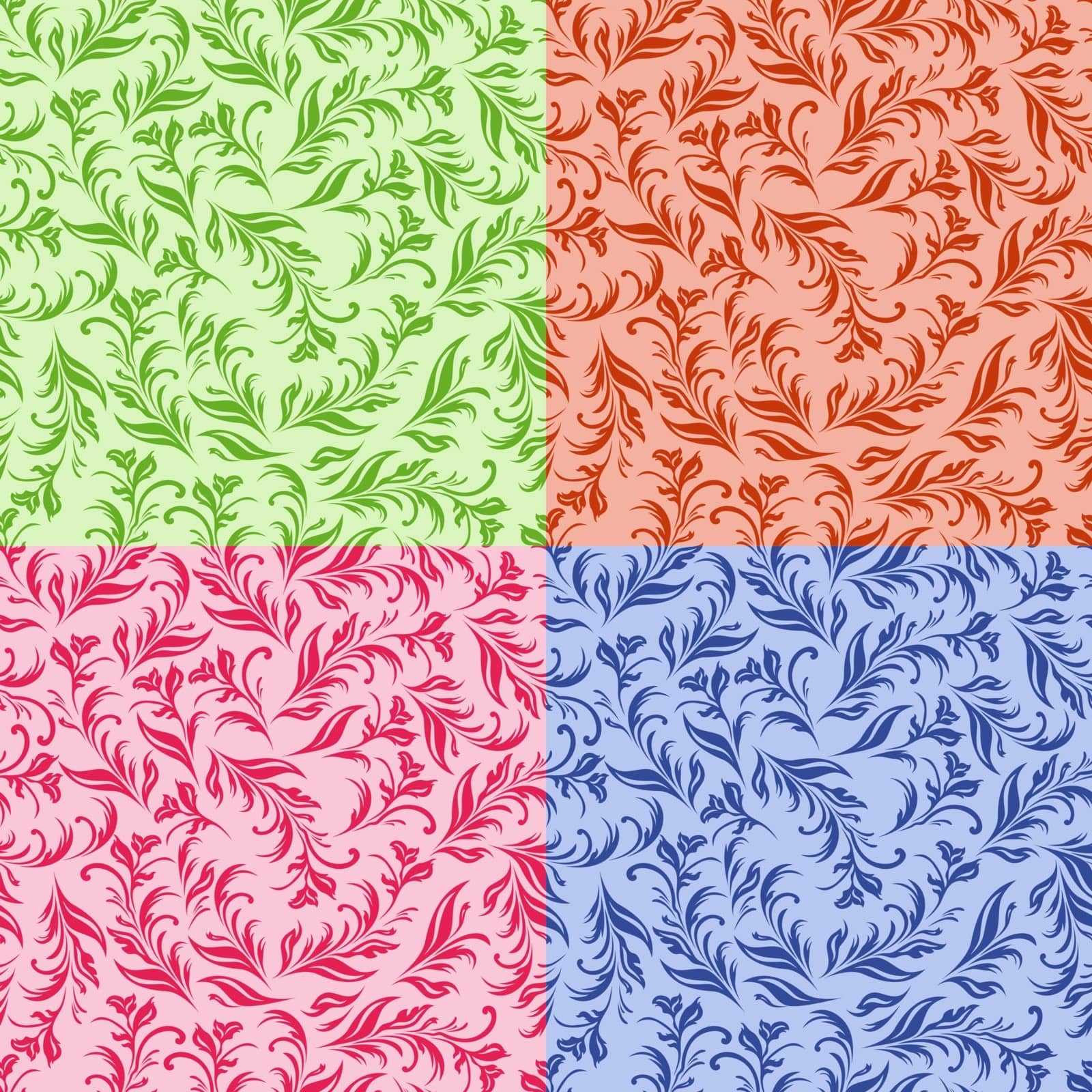 Four similar stylized swirl floral patterns in different colors, hand drawing vector illustration