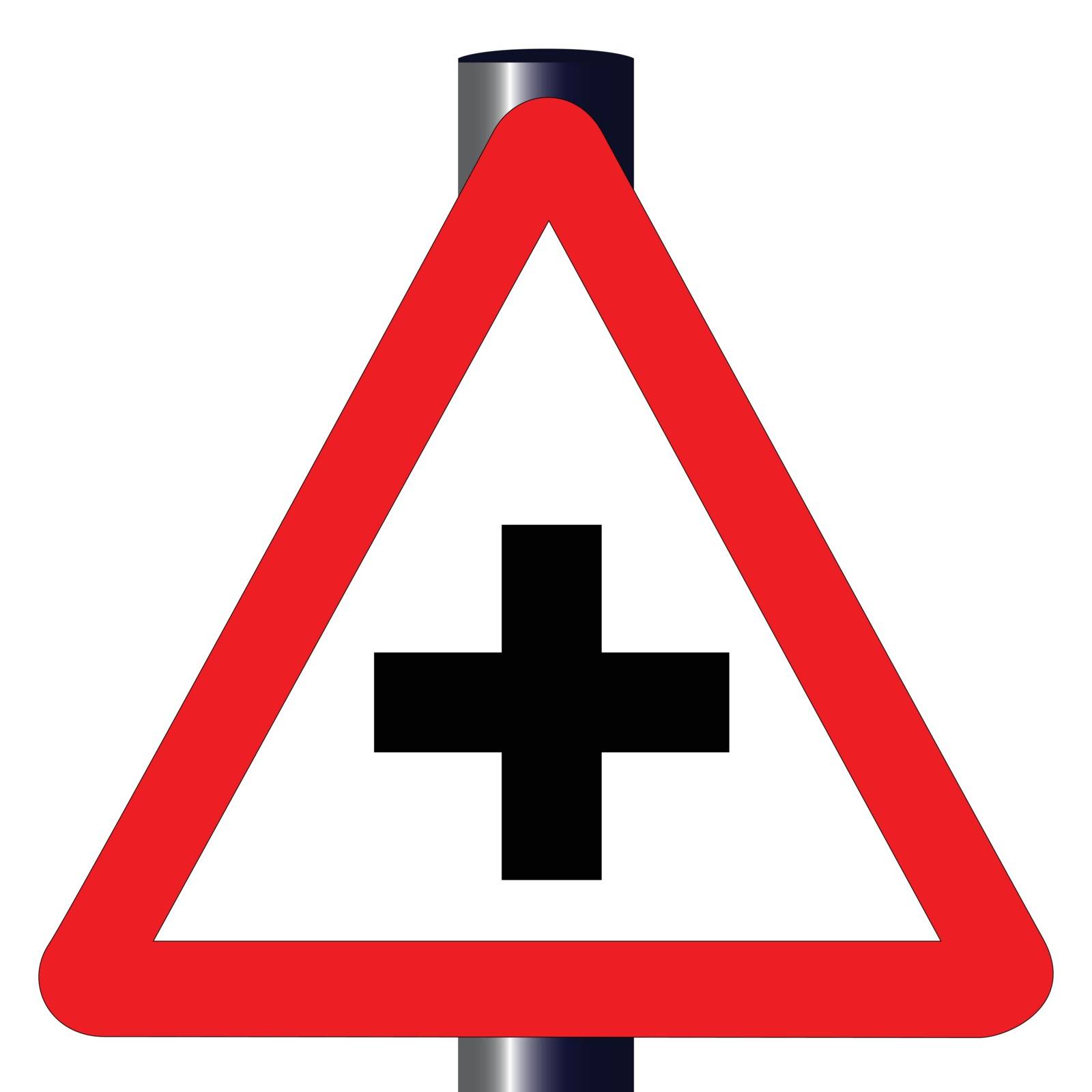 The traditional 'CROSS ROADS' triangle, traffic sign isolated on a white background..