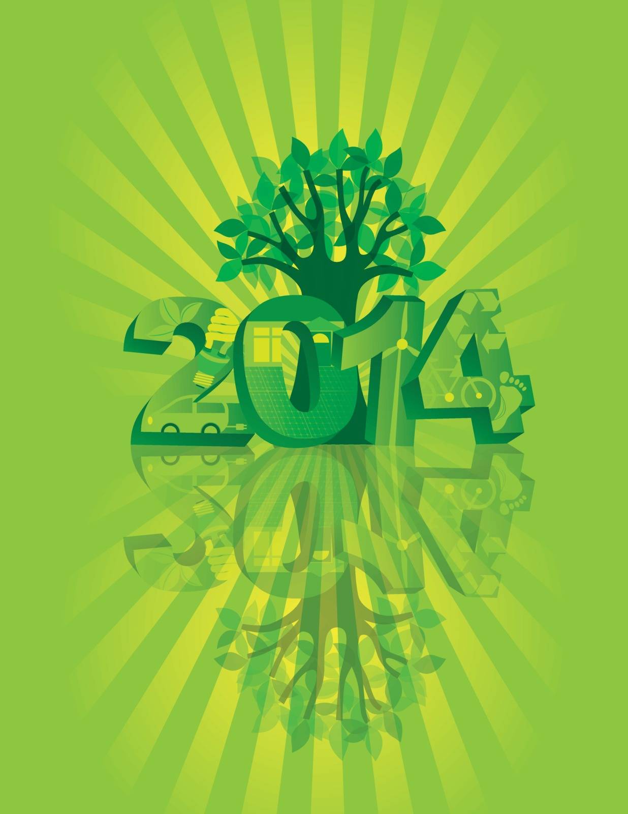 2014 New Year Numerals Go Green Symbols with Tree Isolated on Sunray with Reflection Background Illustration