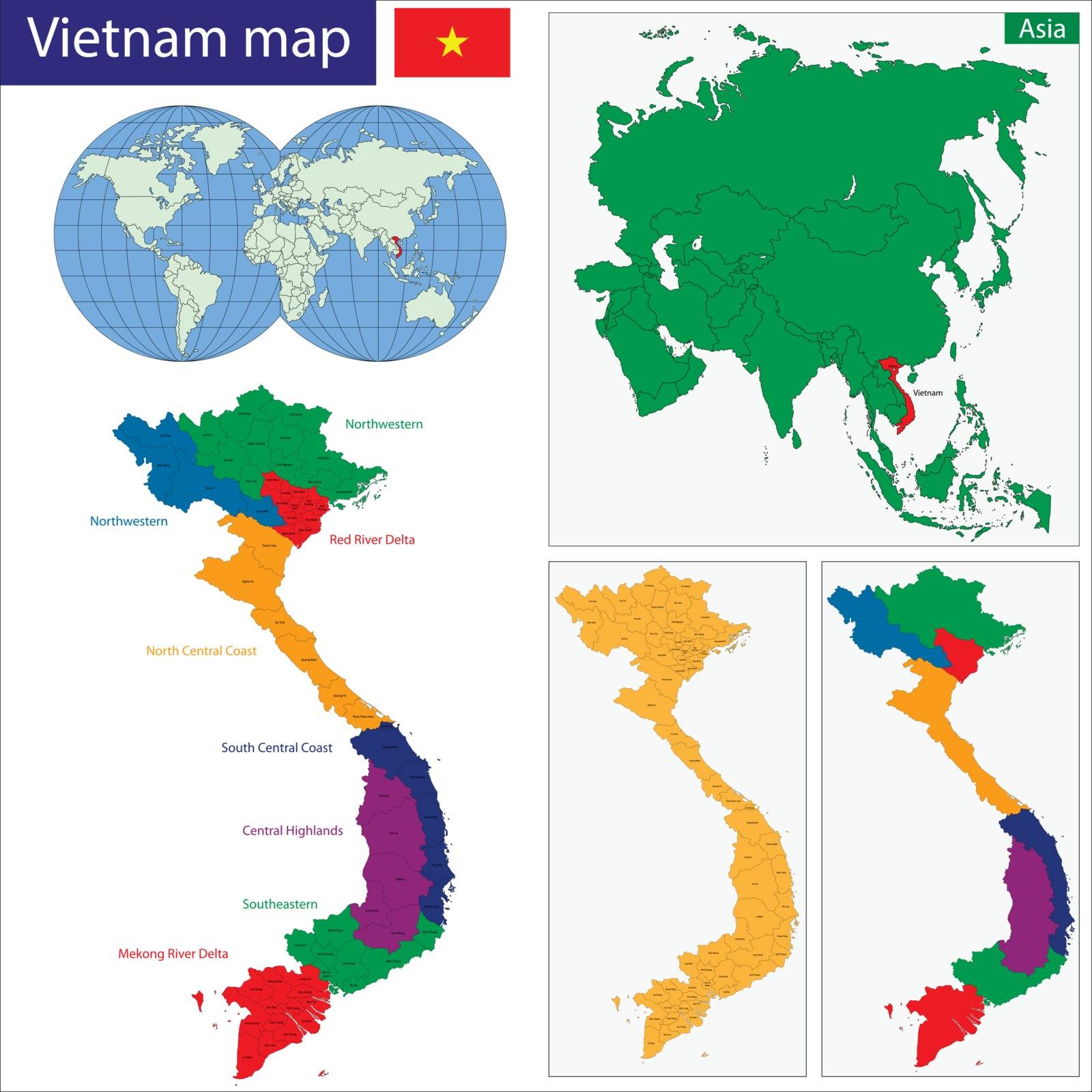 Map of Socialist Republic of Vietnam with the provinces colored in bright colors