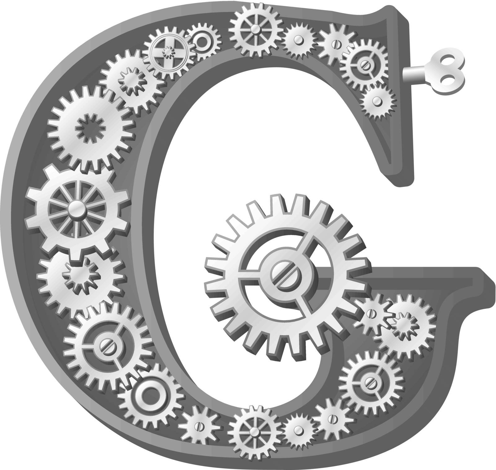 Mechanical alphabet made from gears. Letter g