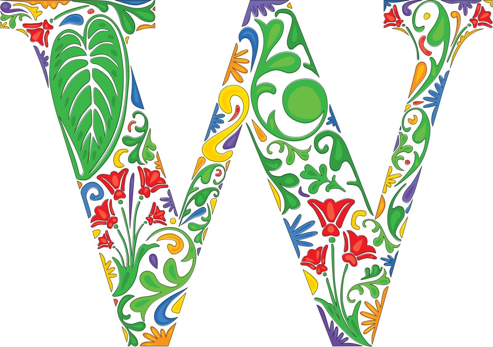 Colorful floral initial capital letter W