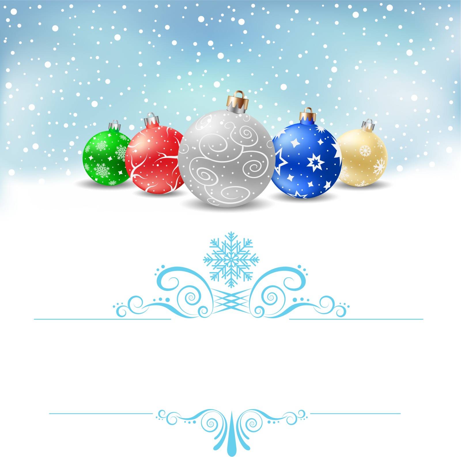 The multicolored christmas bauble and blue swirly pattern on the white background with text area