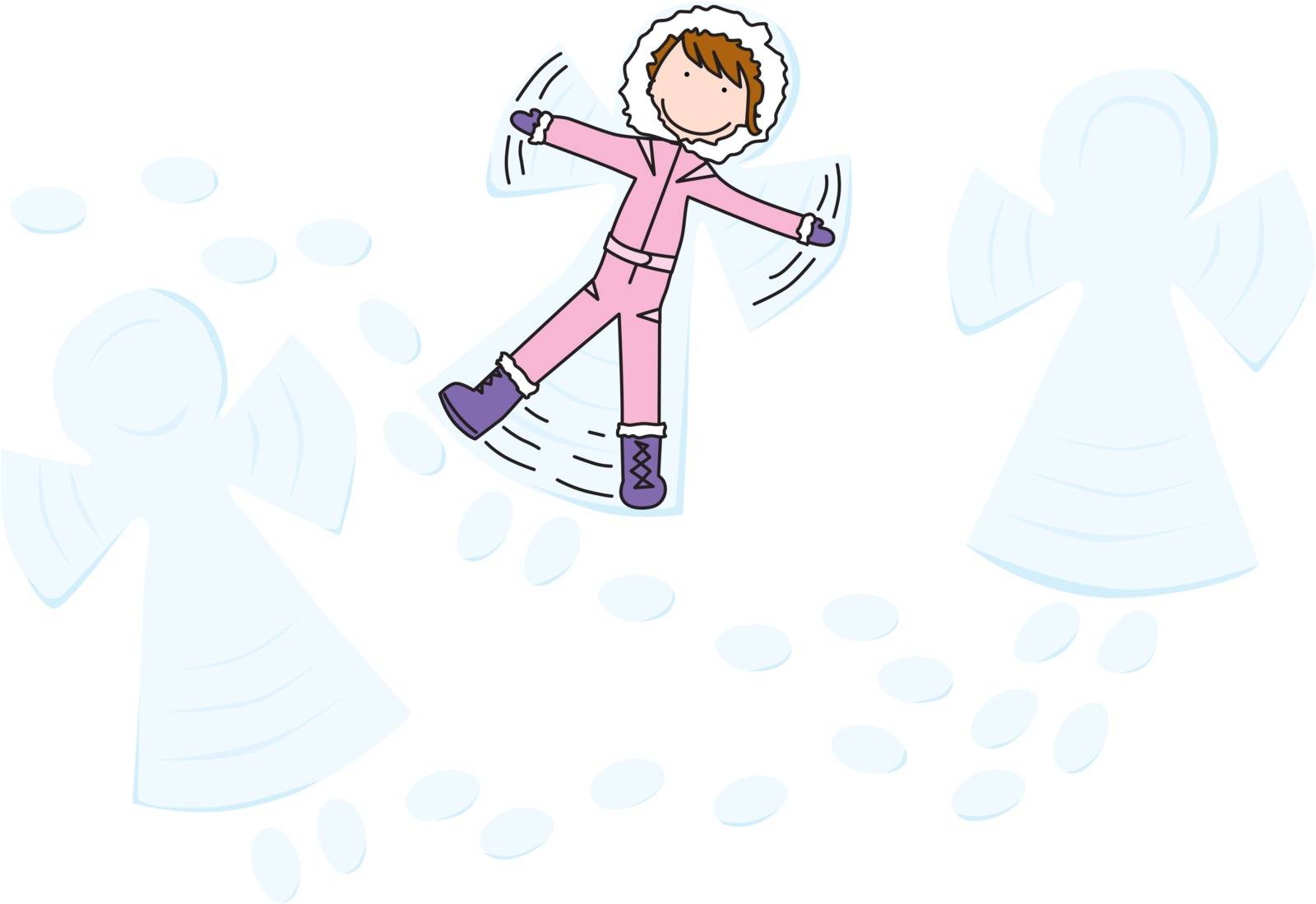 Illustration of a girl making angels in the snow
