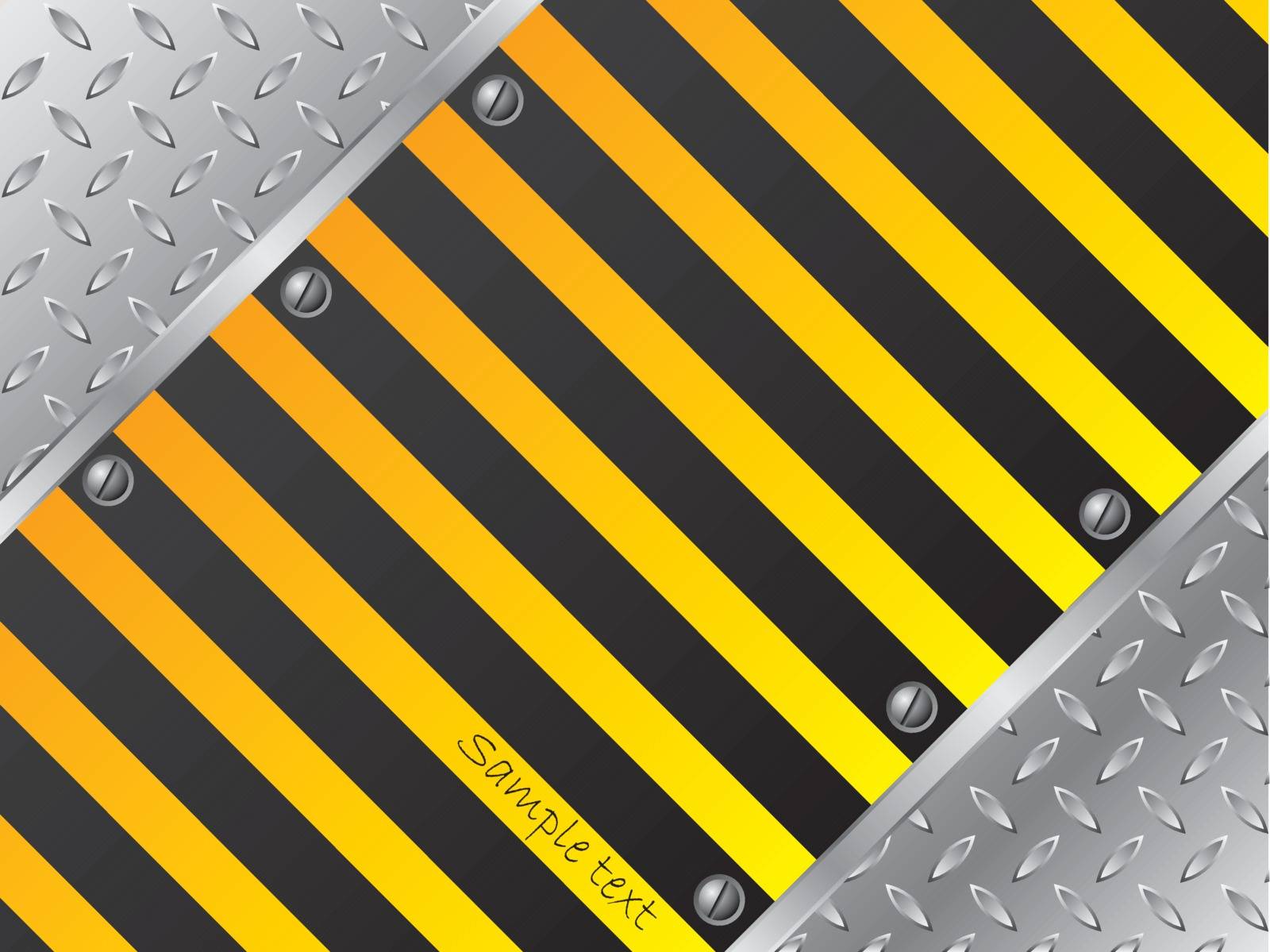 Steel plate background with yellow black stripes and screws