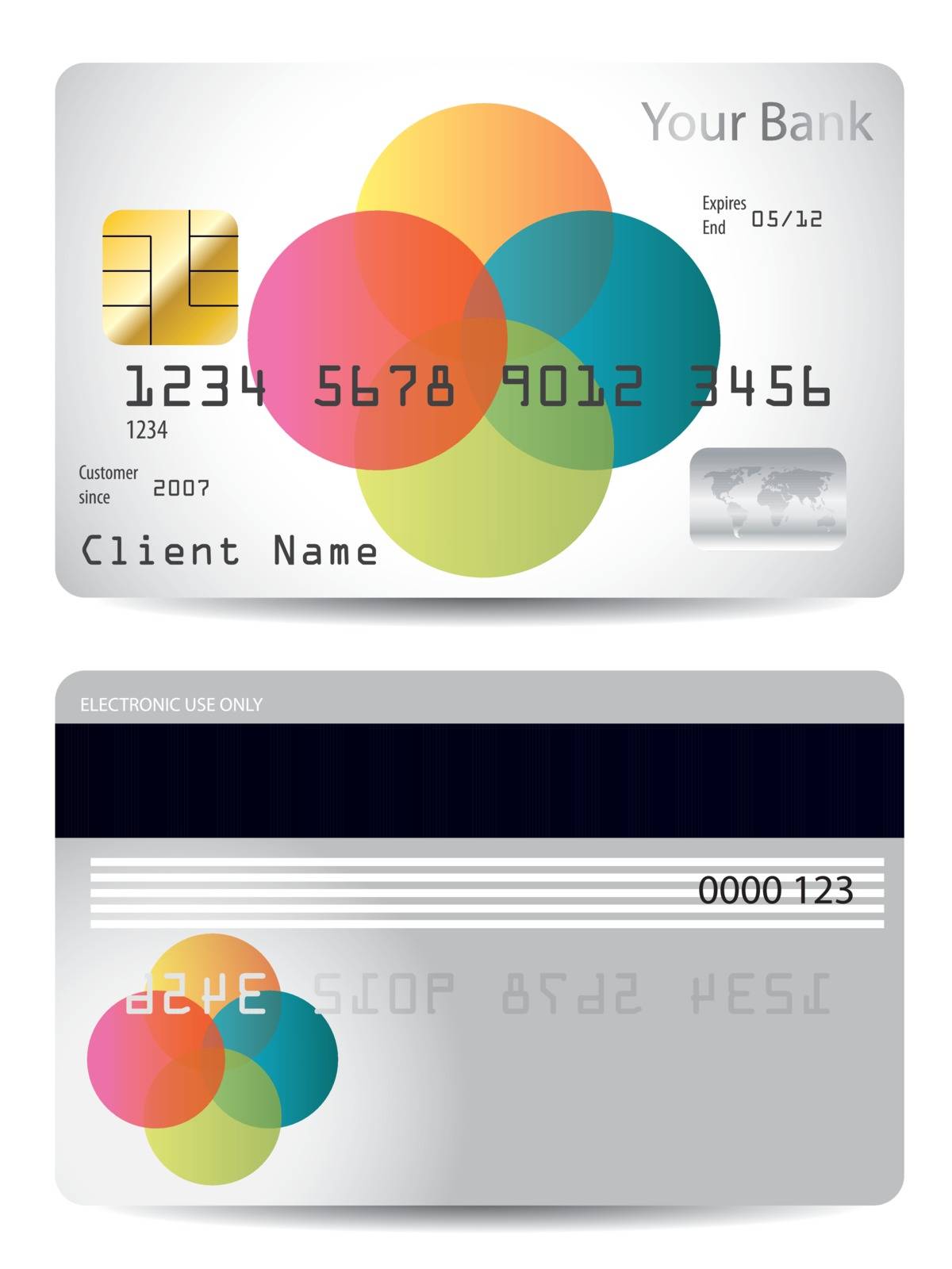 Credit card design with color dots and gray background