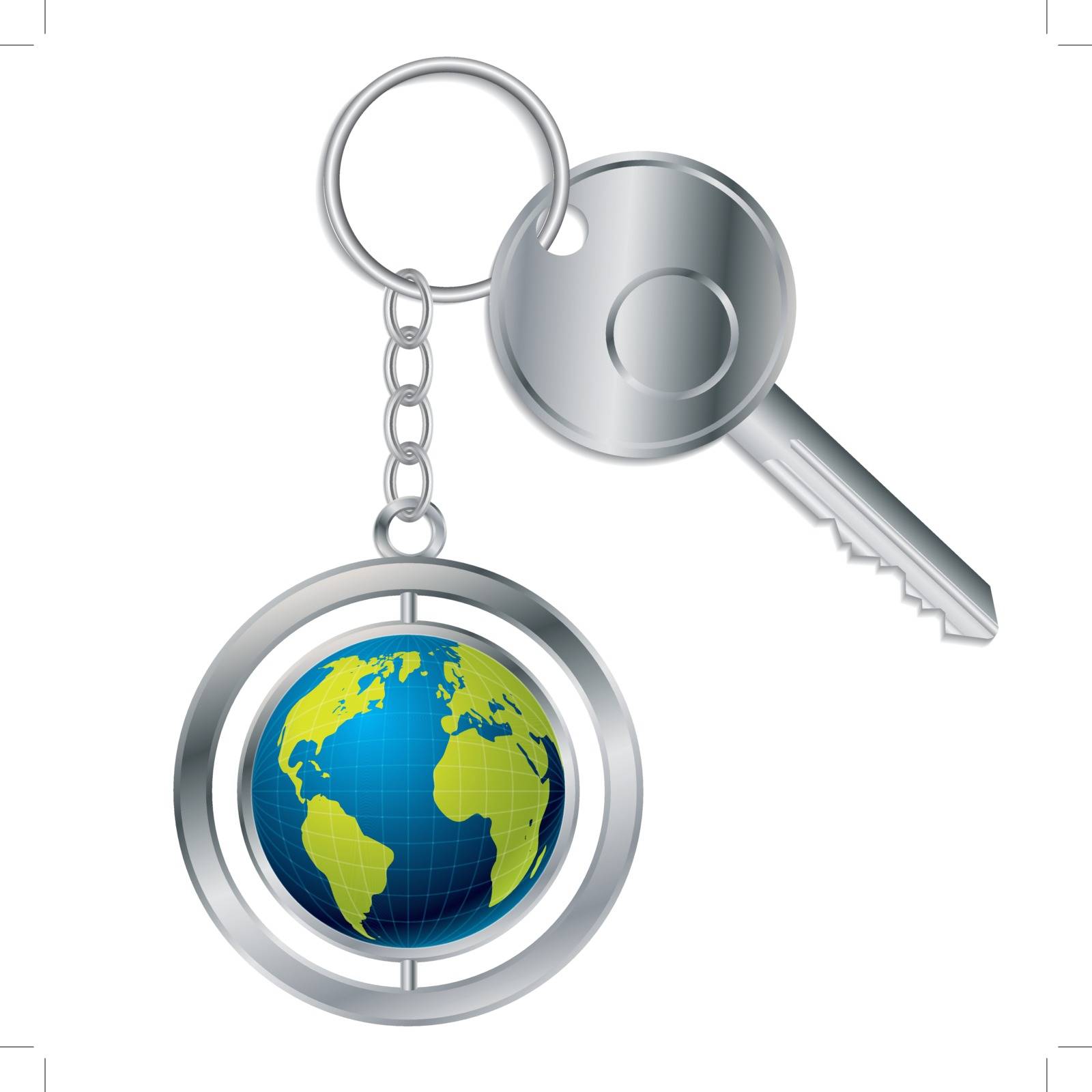 Globe keyholder with metallic key on white background