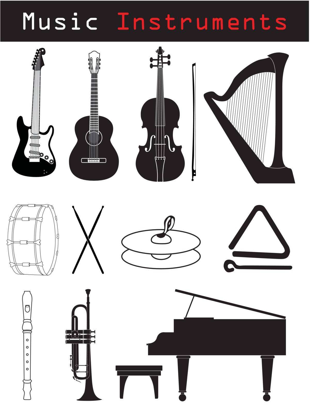 Music Instrument Icons in black and white