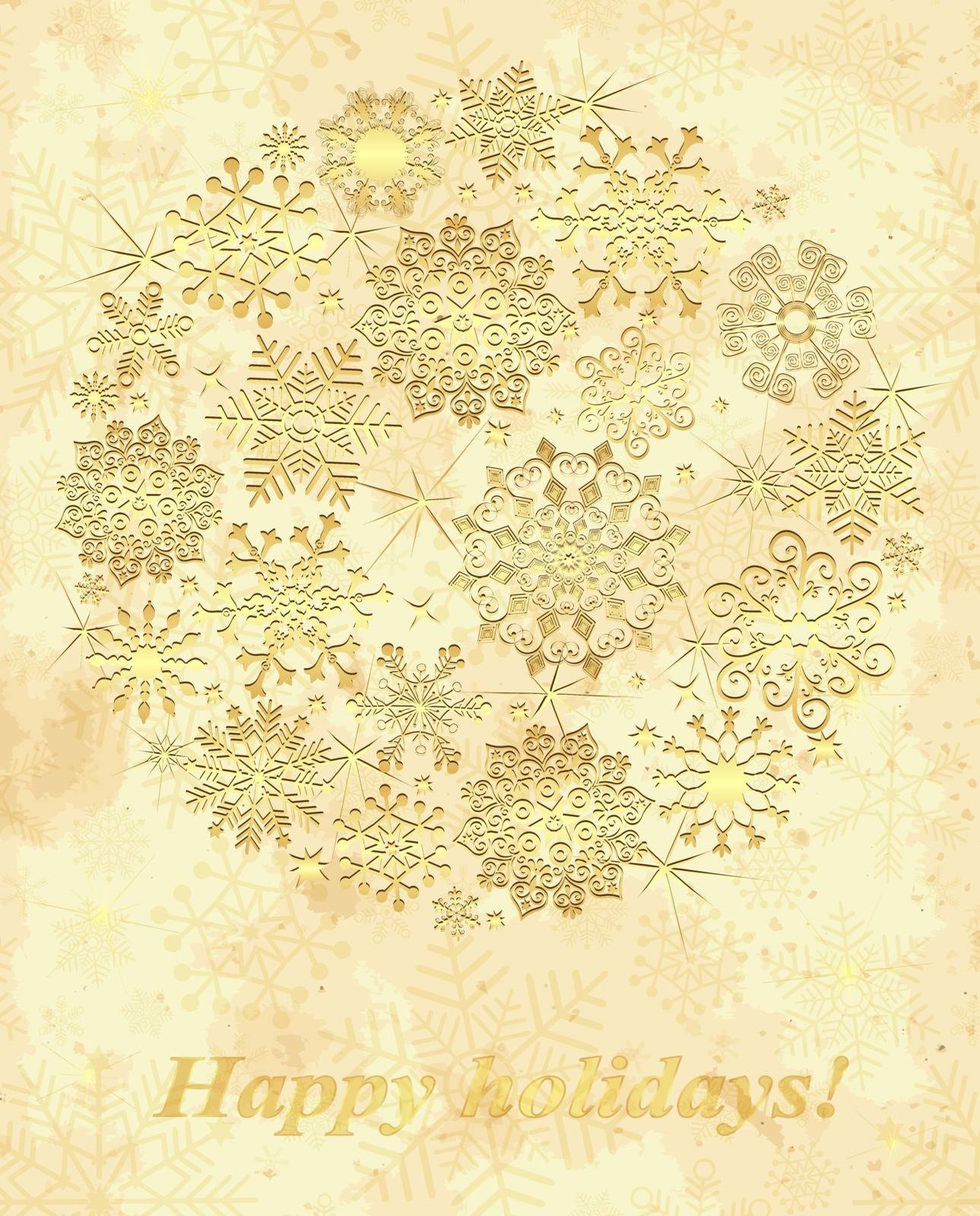 Grungy christmas frame with gold snowflakes (vector eps 10)