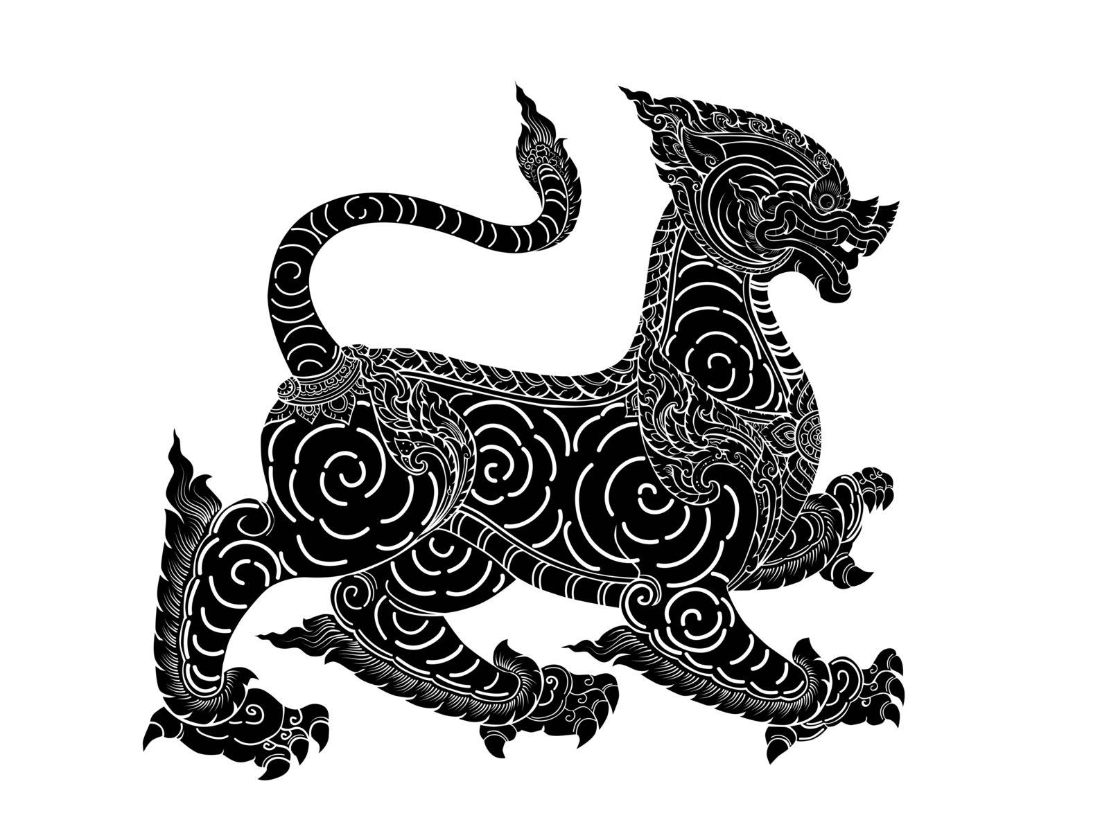 Vector and illustration black silhouette of leo or lion Thai style