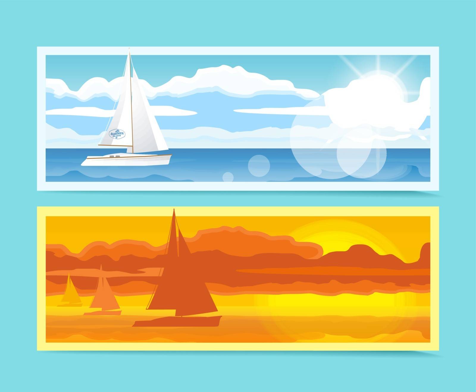 Two banners with the sea and boats for summer design