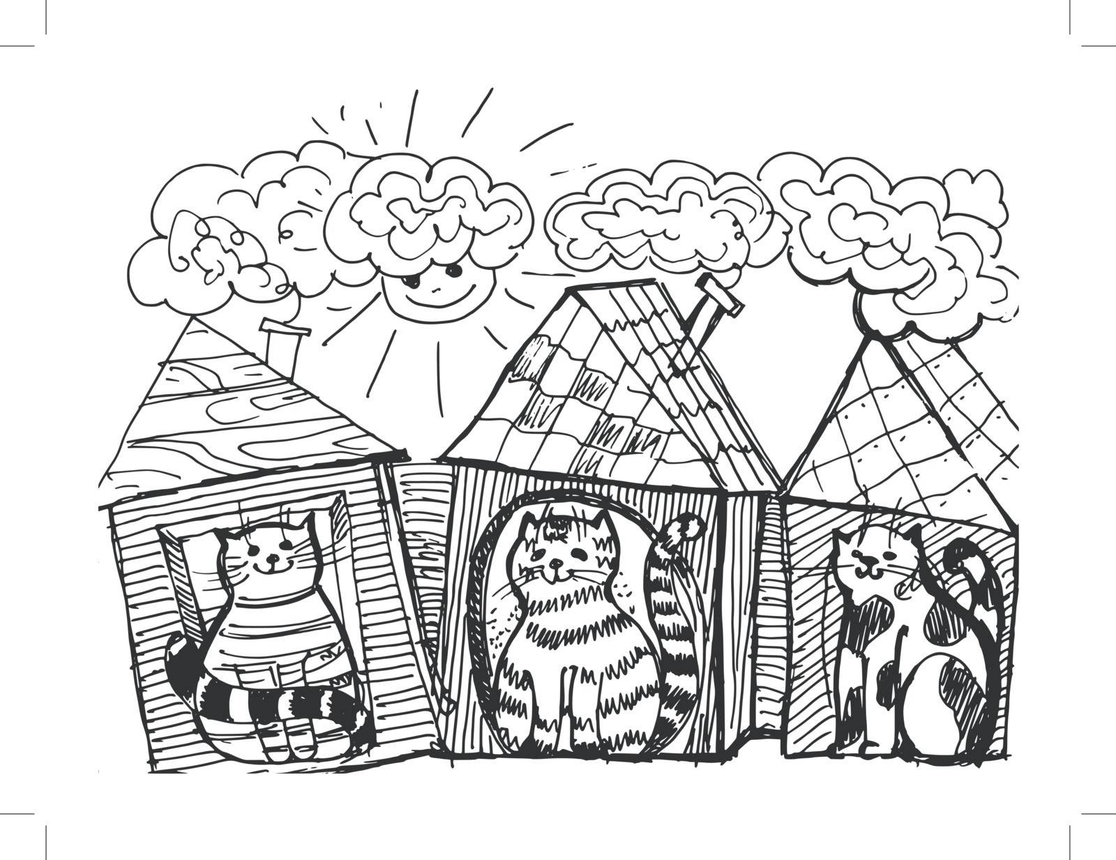hand drawn, cartoon, sketch illustration of funny cats