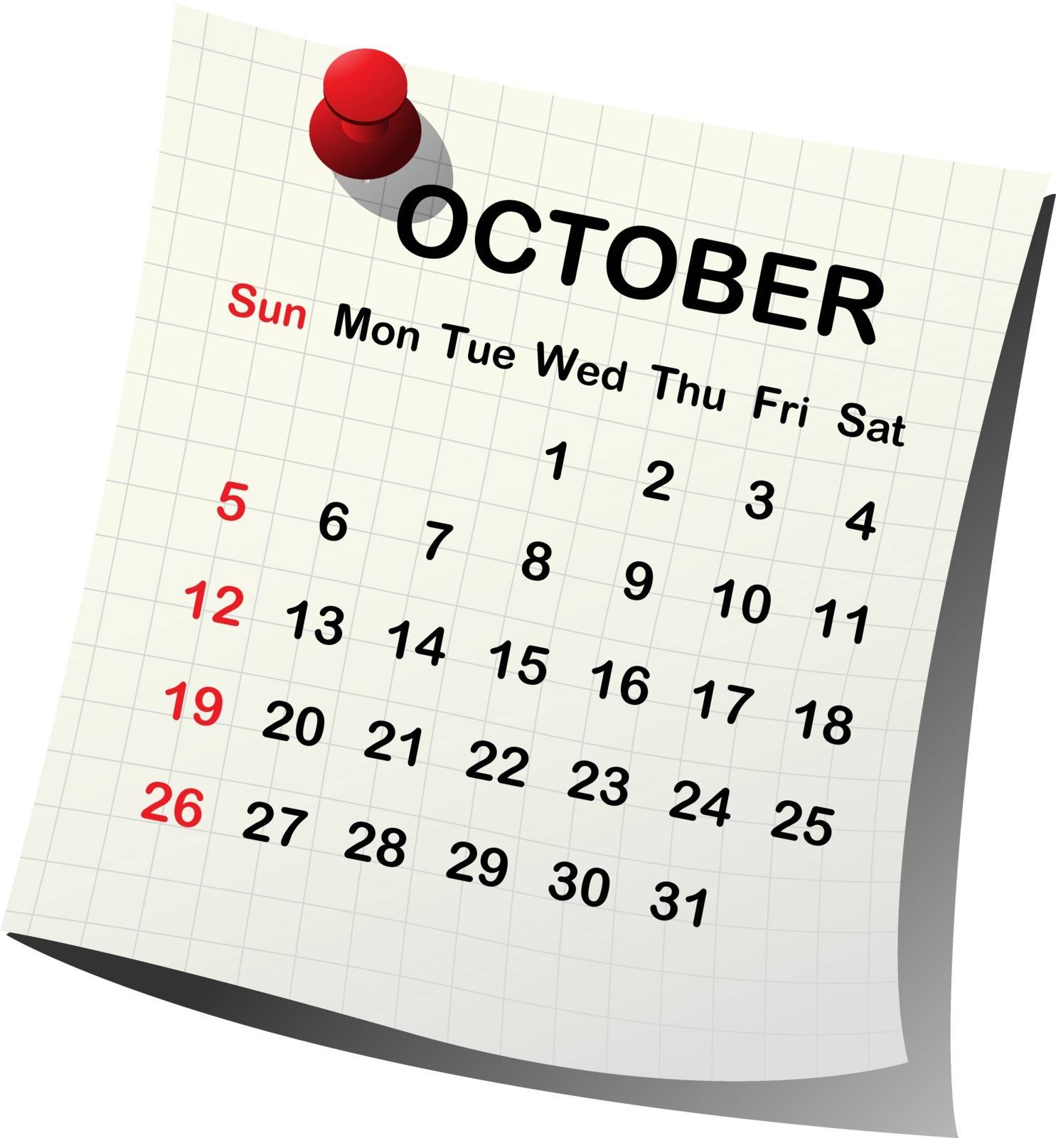 2014 paper calendar for October over white background