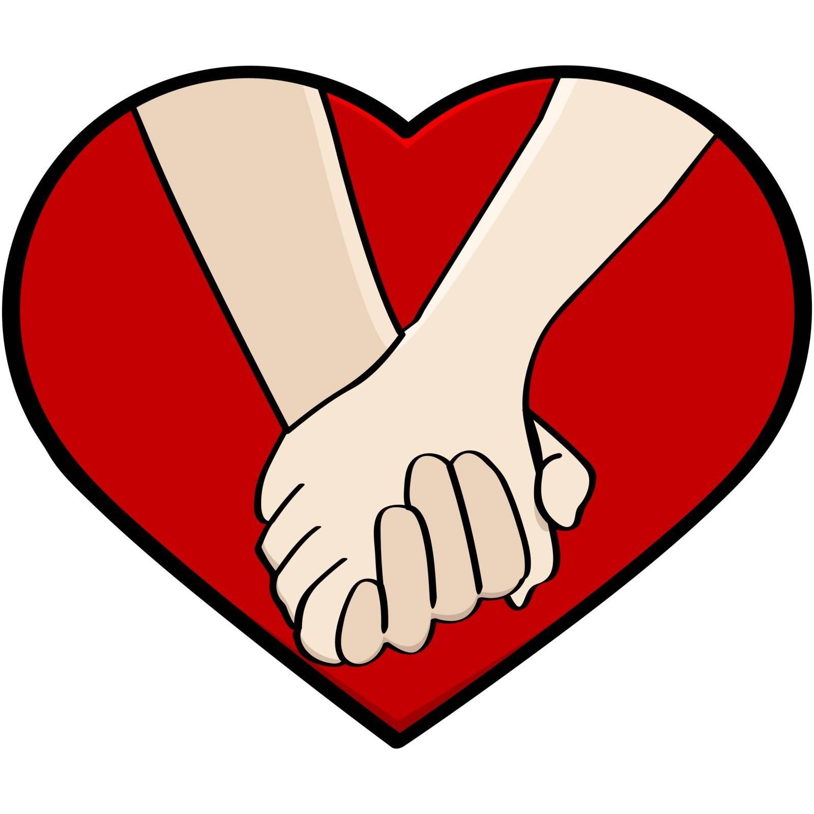 Cartoon illustration showing a close-up of a couple holding hands, framed by a heart