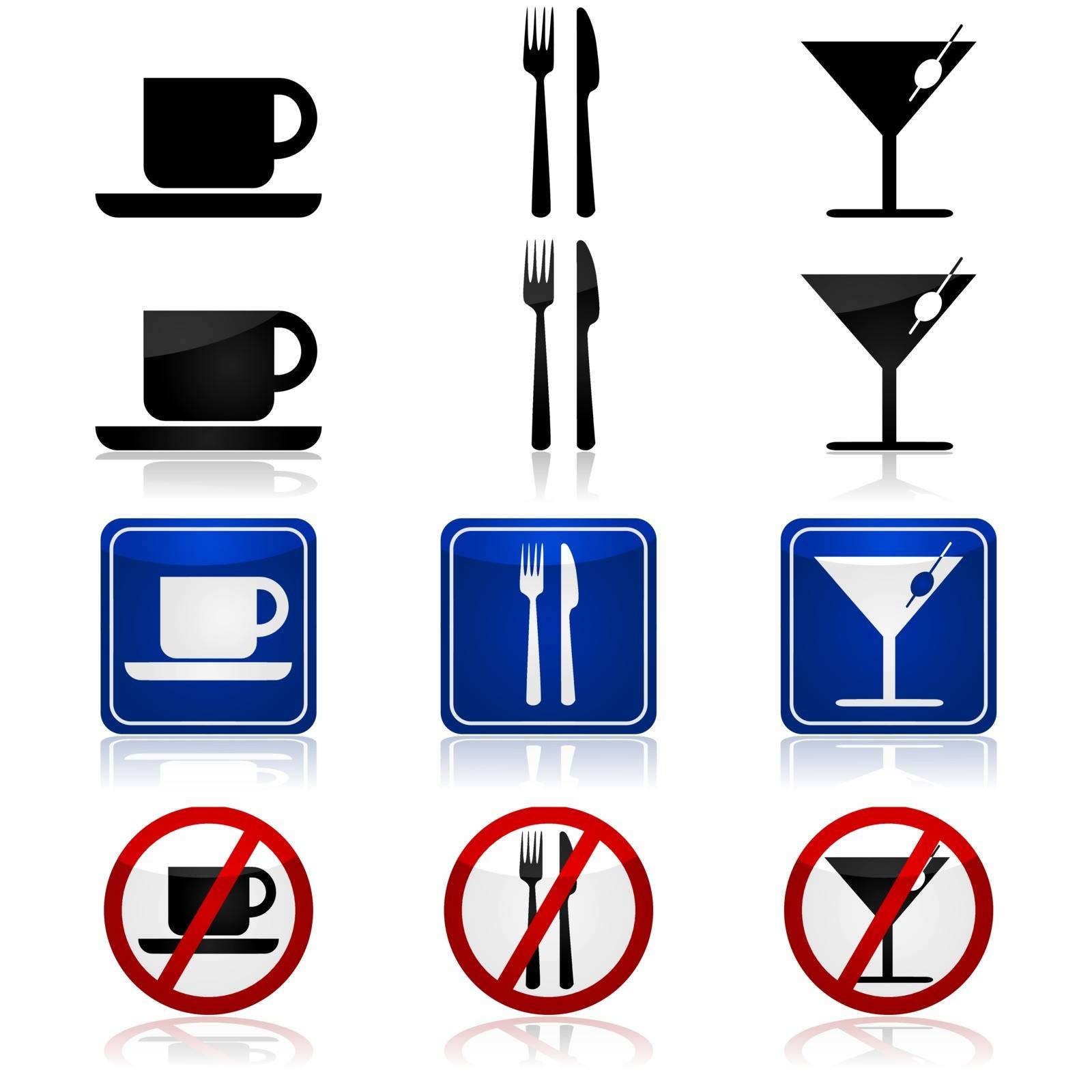 Generic icons for a bar and restaurant, with a cup, fork and knife and a cocktail glass