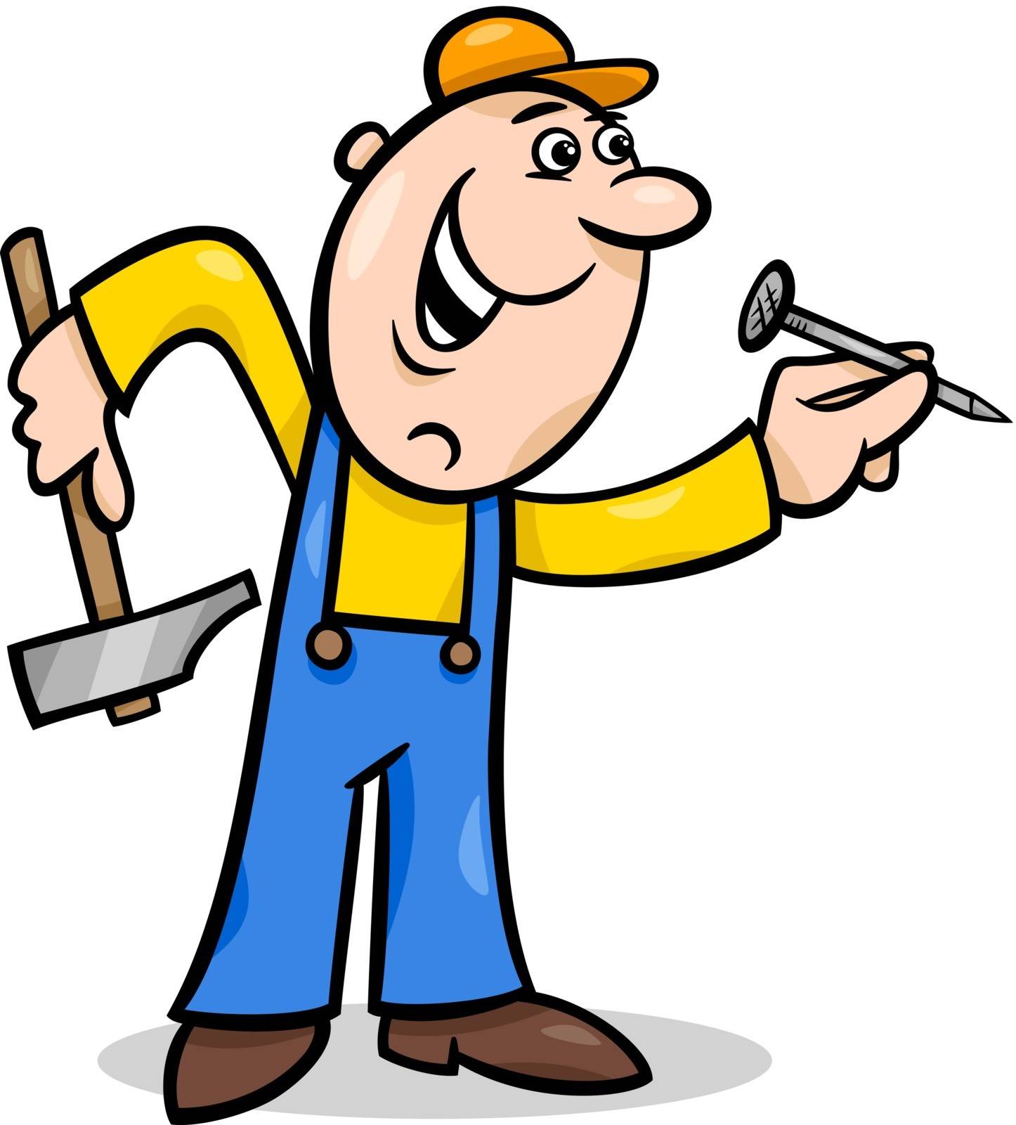 Cartoon Illustration of Worker with Hammer and Nail doing Renovation