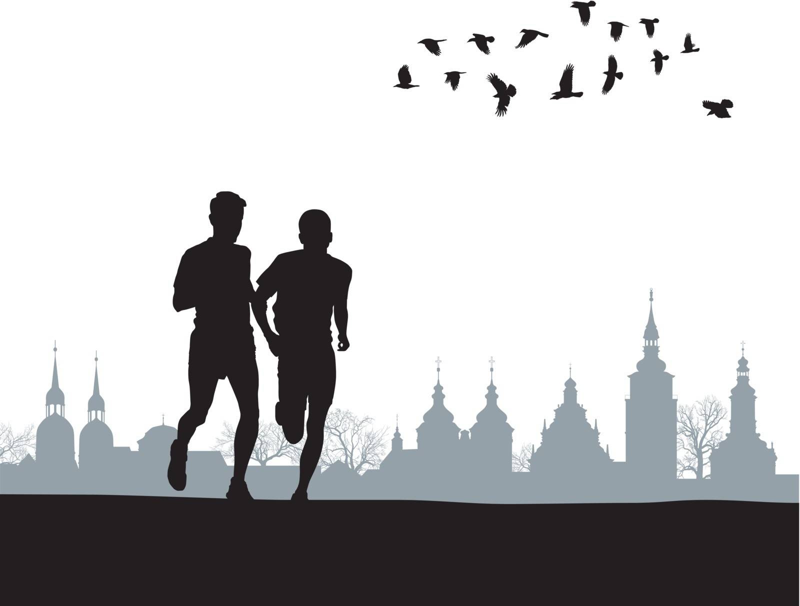 vector illustration two silhouettes of runners on the background of the historic city