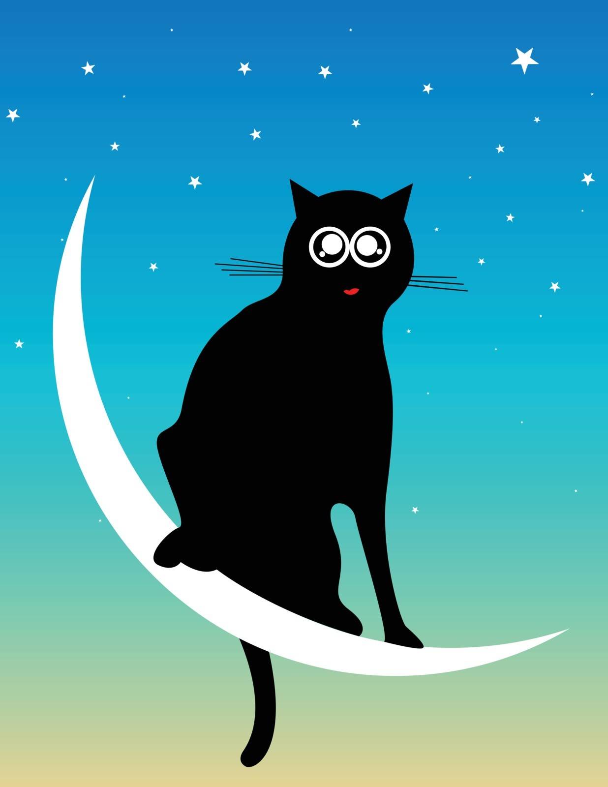 vector illustration of a black cat on the moon