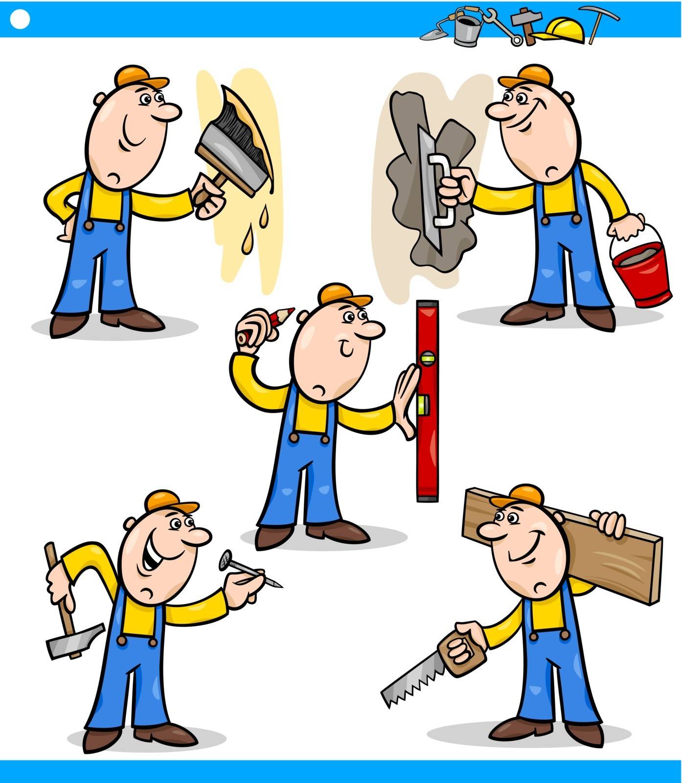 Cartoon Illustration of Funny Manual Workers doing Repairs at Work Characters Set