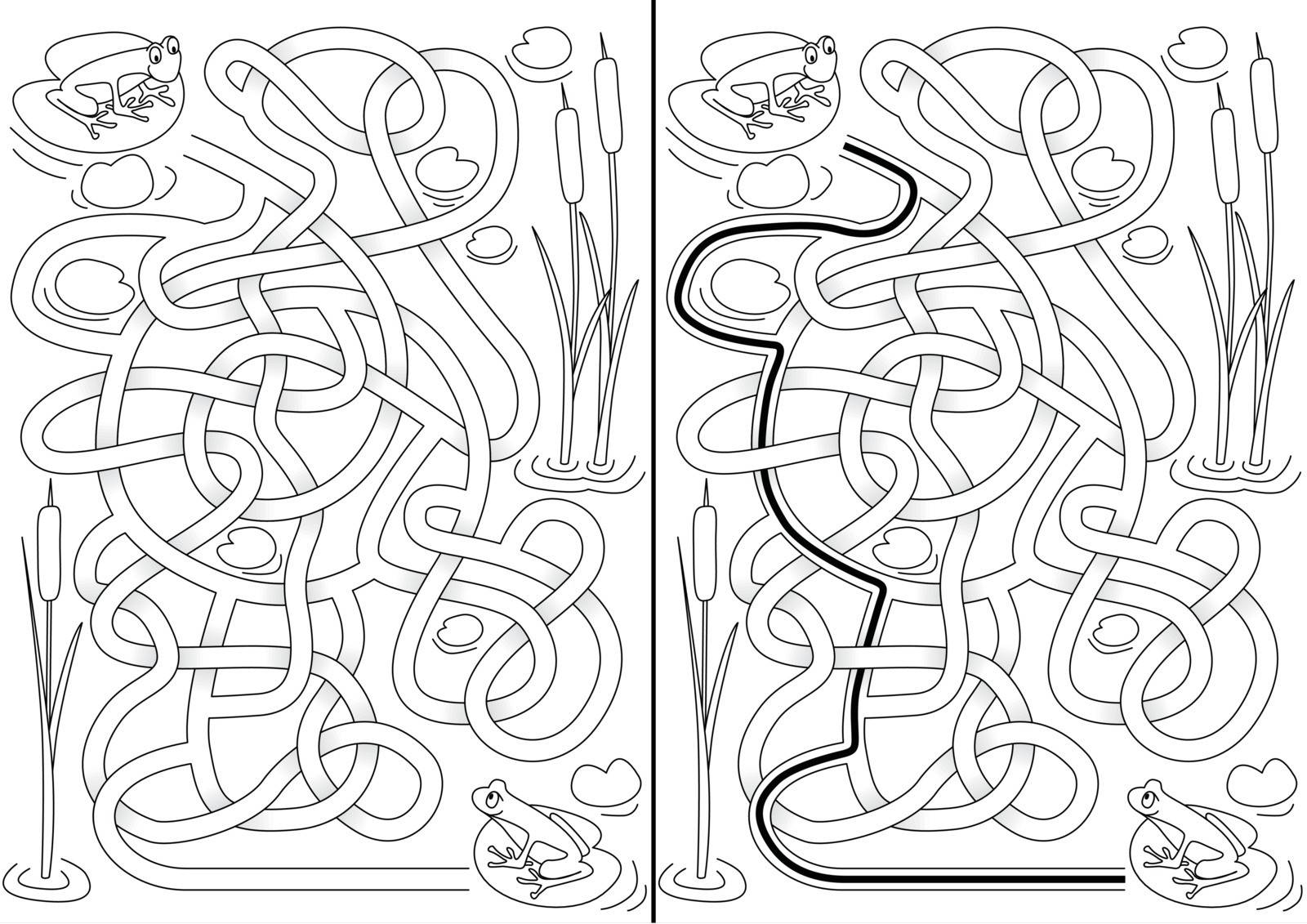 Frogs maze for kids with a solution in black and white