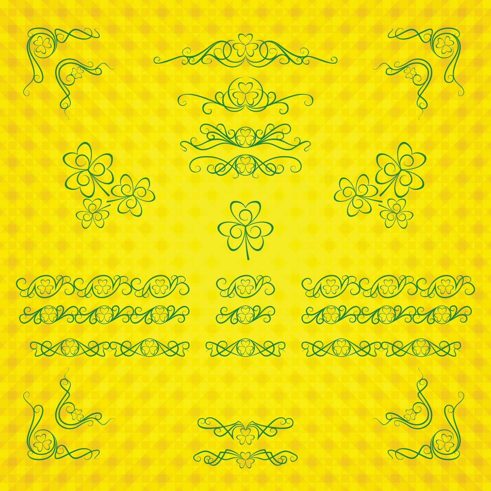set of green decorative vintage elements on a yellow background