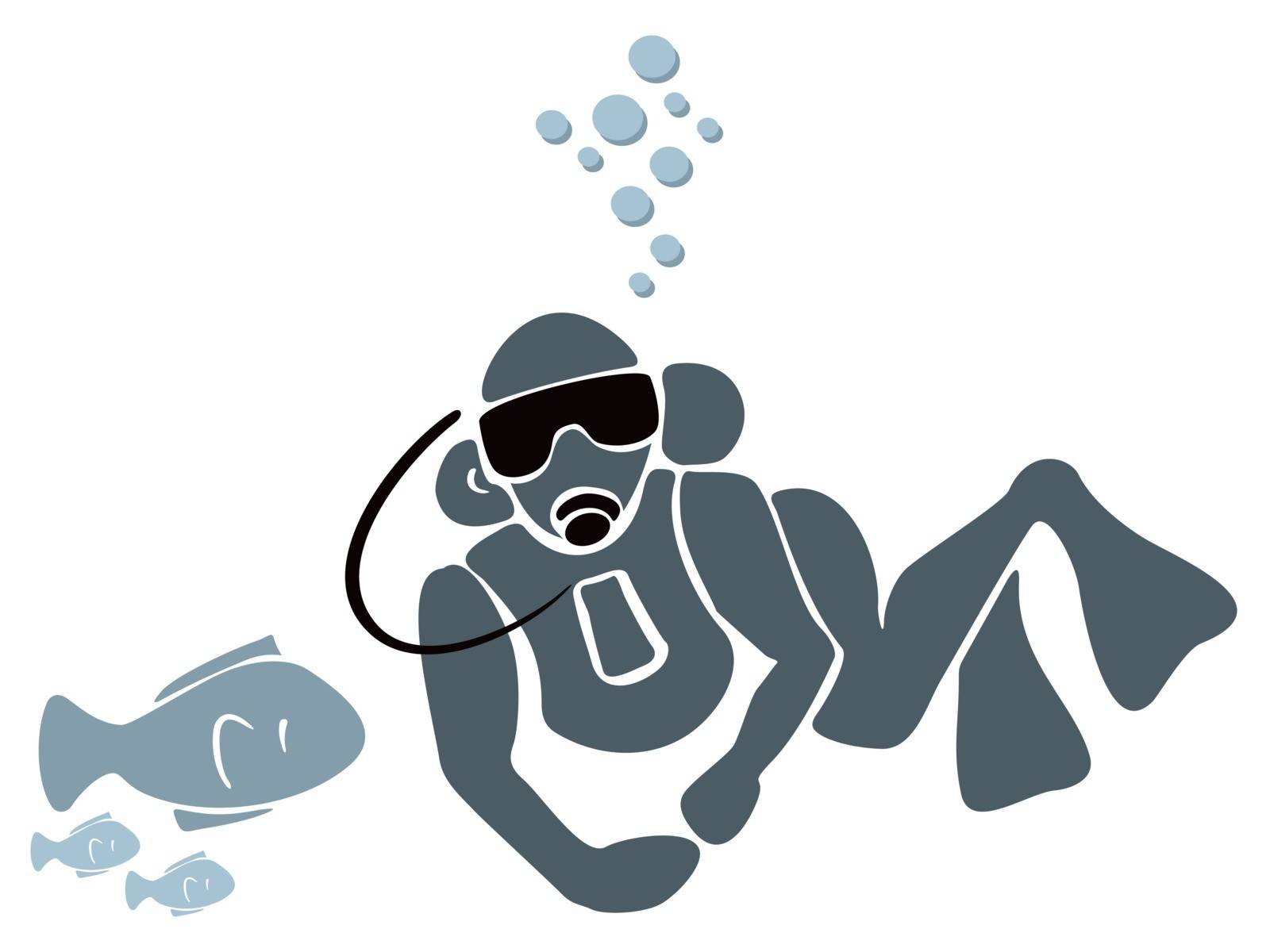 Illustration of frogman swimming with fishes